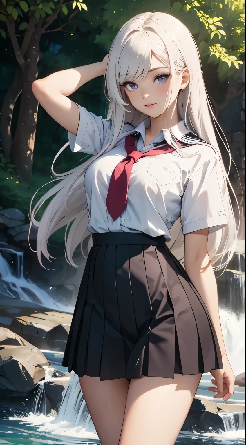 very cute and beautiful school girl viewing sea on hilltop,(highly detailed beautiful face and eyes:1.2), (full body), (Standing in front)
smile,cowboy shot,seifuku,(pleated navy blue mini skirt),zettai ryouiki,
(best quality,masterpiece:1.2),intricate details,extremely detailed,highres,solo,
dynamic angle,natural lighting,hair fluttering in the wind,perfect hands,(realistic), 1girl,
White long hair,
purple eyes,
School uniform,
,
Anime art, visual novel, girl, solo, long leg. Porcelain-white skin accentuates the delicate features of her face. Long, shiny black hair like a waterfall, high forehead and deep black eyes. Her straight nose and plump, pink lips make her strangely attractive. Body proportions are balanced, every gesture exudes grace and pride. 18 years old, (white hair)
extremely detailed CG,
8k wallpaper,
masterpiece,
best quality,
ultra-detailed,
illstration,
water color,
solo,
cinematic lighting