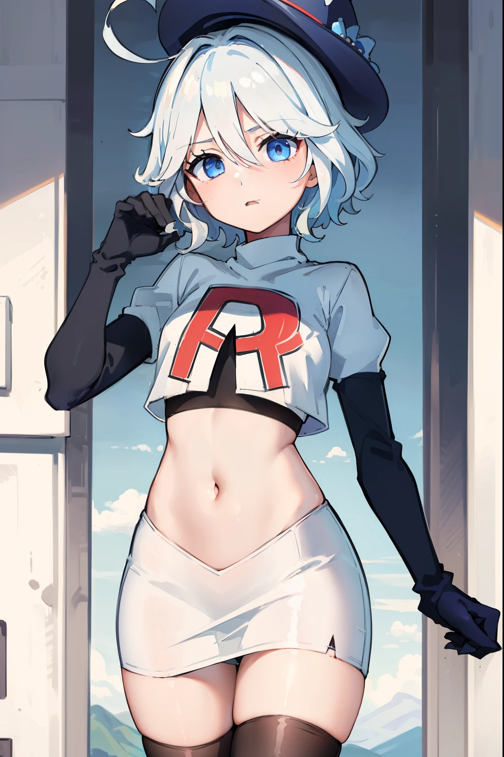 ((masterpiece,best quality)), 1girl, furina, heterochromia, short hair, blue hat, team rocket,team rocket uniform,red letter R, white skirt,crop top, black thigh-highs,black elbow gloves,