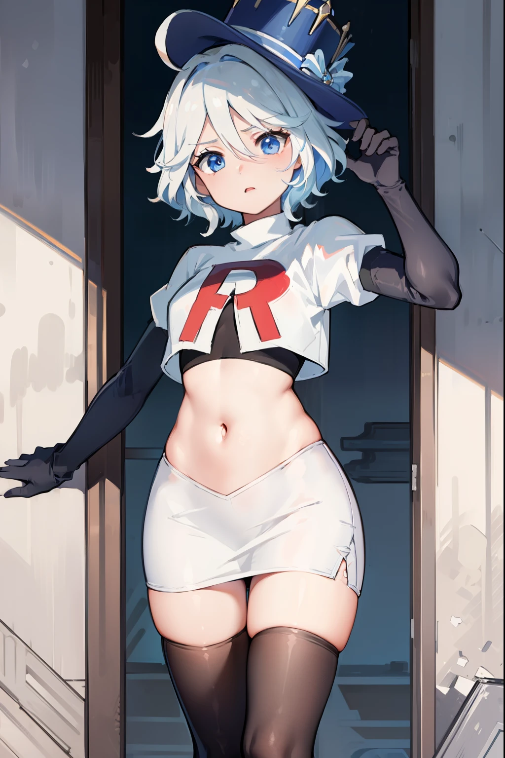 ((masterpiece,best quality)), 1girl, furina, heterochromia, short hair, blue hat, team rocket,team rocket uniform,red letter R, white skirt,crop top, black thigh-highs,black elbow gloves,