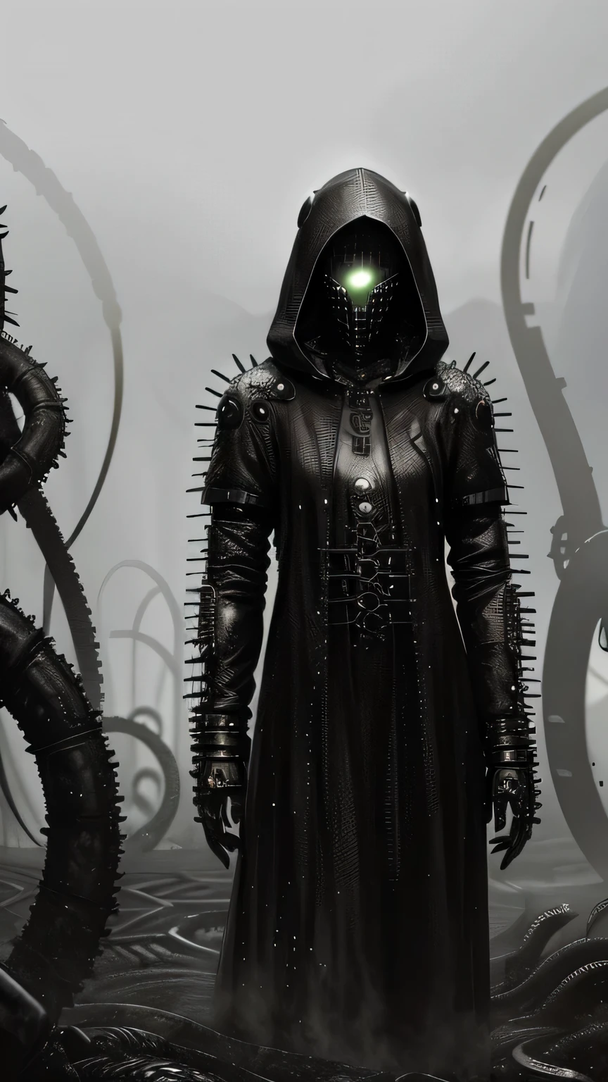 ((Biopunk art of dark tentacles)), Biopunk girl, archer, metal hood, hopeless art, dark art, dystopian art, ((dark biopunk)), dark oily liquids, devastated environment, Gloomy landscapes, highly detailed art, very detailed background