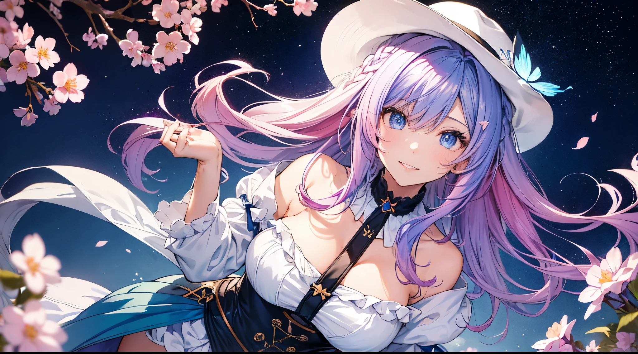 (gradient hair:1.6), dutch angle, film grain, chromatic aberration, starry sky, masterpiece, best quality, raw photo, photorealistic, absurdres, 1girl, cute, perspective, cowboy shot, highres, ultra detailed, finely detail, detailed eyes and face, sharp pupils, realistic pupils, sharp focus, summer, (white long dress:0.6), smiling at viewer Hearts, cute women with blue and purple hair, blue eyes, multicolored butterflies, water, cherry blossoms, large breasts, curvy figure, wearing a white cowboy hat