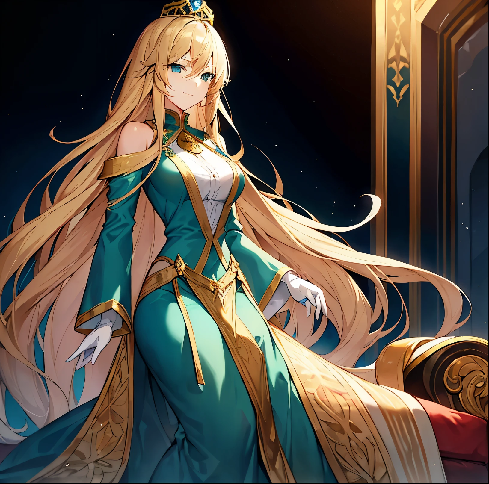 Best quality, 8k, masterpiece 1girl, beautiful, ((camel toe:1,6), (breasts:1,5), (ass:1.7), Princess Zelda wears a regal dress adorned with gold accents, and the dress itself is a lovely shade of blue that complements her golden blond hair. Her face is known to light up the room upon entering, as her presence brings comfort and hope to those around her. She stands at a medium height, and her golden blond hair is styled elegantly. She walks confidently through an open valley, with tall trees standing tall against the backdrop of the sky.