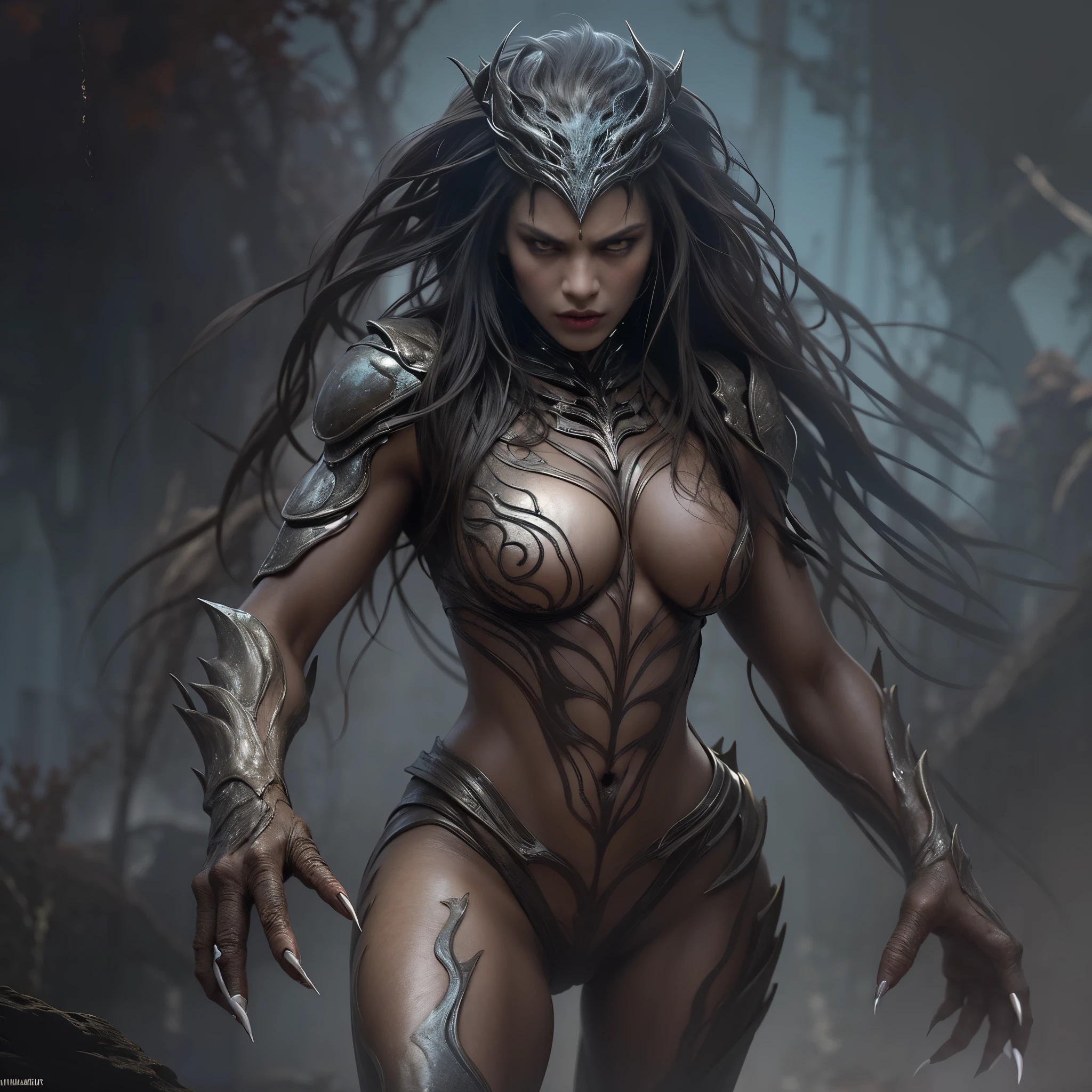 1 female alien, The predator, (extremely beautiful:1.2), (intense gaze:1.4), (predator:1.1), long dark claws, (NSFW:0.8), nipples, thick eyebrows, (shine iridescent eyes:1.5), the most beautiful face in the universe, ((There is a female genital-like organ in the middle of her forehead:1.1)), NSFW,

A woman with an extremely beautiful face, her intense gaze fixed on her prey, a primal force that could not be denied.

(beautiful lean body:1.5), (muscular build:1.2), (prowling:1.3), (sleek movements:1.4)

Her beautiful body, muscular and toned, moved with sleek grace as she prowled, ready to strike at a moment's notice. The predator within her was always on