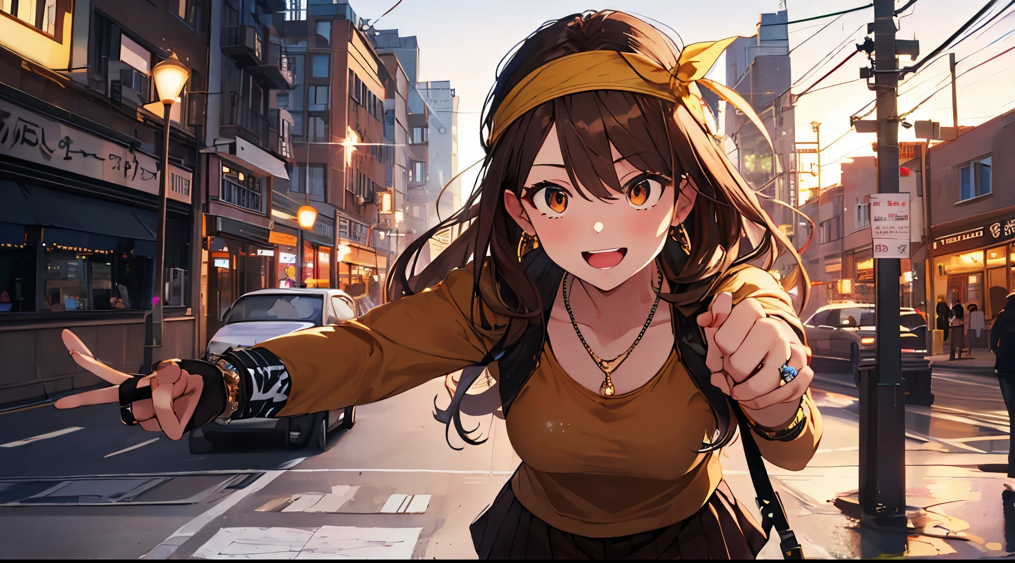 (masterpiece), best quality, expressive eyes, highres, perfect eyes, perfect face, perfect hands, 1girl, genie, zodiac, shirt over 1 shoulder, Brown bikini, long sleeves, necklace, long Brown Hair, city background, headband, Brown eyes, Brown skirt, small bust, rings, bracelets, charismatic, crazy face, crazy eyes, crazy smile, perfect anatomy, half body, l1girl, solo, brown shirt, gold letters, graphic t-shirt, bracelets, rings, necklace, jewelry, arm sleeves, fingerless gloves, manipulative, gaslighting, friendly, four fingers, one thumb, perfect hands,