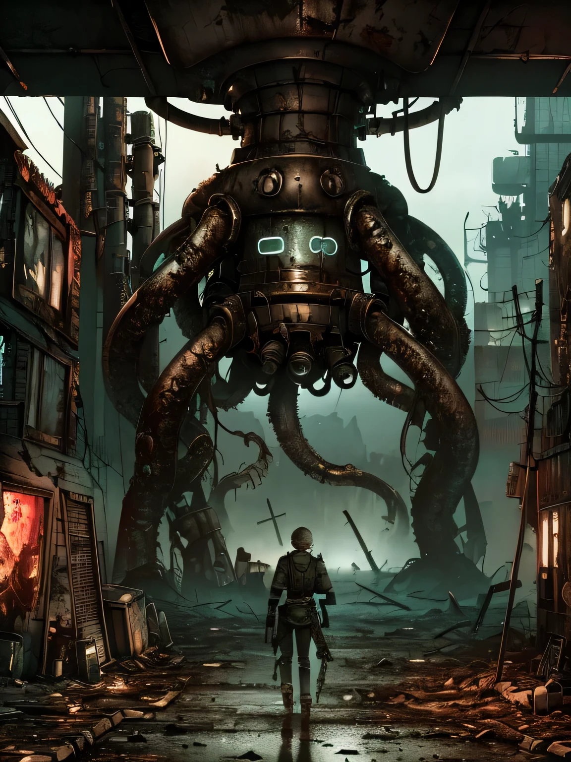 (((Fallout 4 game style))), ((Biopunk art of dark tentacles)), Biopunk girl, archer, metal hood, hopeless art, dark art, dystopian art, ((dark biopunk)), dark oily liquids, devastated environment, Gloomy landscapes, highly detailed art, very detailed background