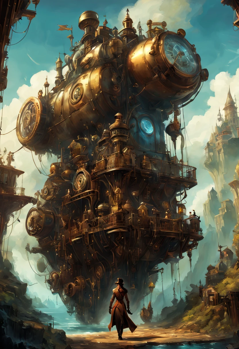 Arcane SteamPunk, Fantasy illustration by Alessandro 'Talexi' Taini, in DreamWorks Animation Wonderland Stylized watercolor visuals, ultra detailed art, complex Illustration by Tran Nguyen Jeremy Mann Frank Frazetta Carne Griffiths, WLOP, Intricate, Complex contrast, HDR, Sharp, soft Cinematic Volumetric lighting, vibrant colours, wide long shot, perfect masterpiece