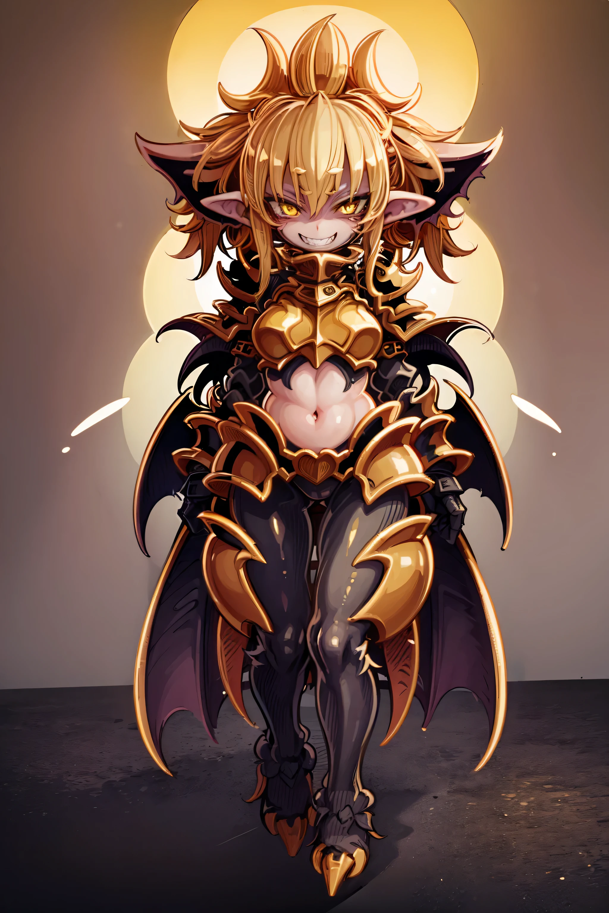 (((1 goblin girl))), ((detailed yellow eyes)), large breasts, confident expression, confident smile, wearing plate armor, best quality, masterpiece, ultra-detailed