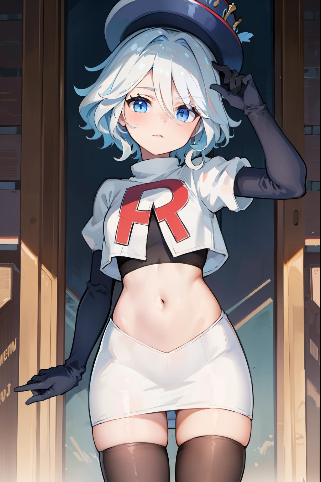 ((masterpiece,best quality)), 1girl, furina, heterochromia, short hair, blue hat, team rocket,team rocket uniform,red letter R, white skirt,crop top, black thigh-highs,black elbow gloves,
