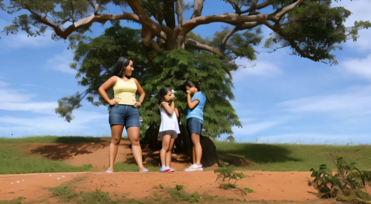 there are three women under a tree on a hill, 3 5 year Brasileiro mother, family, of a family standing in a park, foto - tiro, by Fernando Gerassi, fora, tiro distante, lonely family, ao lado de uma tree, tree, Brasileiro, sentado debaixo de uma tree, foto 85mm, powder Nándor Katona