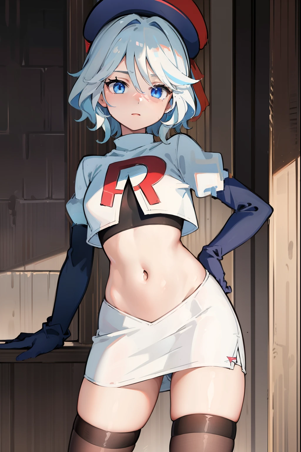 ((masterpiece,best quality)), 1girl, furina, heterochromia, short hair, blue hat, team rocket,team rocket uniform,red letter R, white skirt,crop top, black thigh-highs,black elbow gloves,