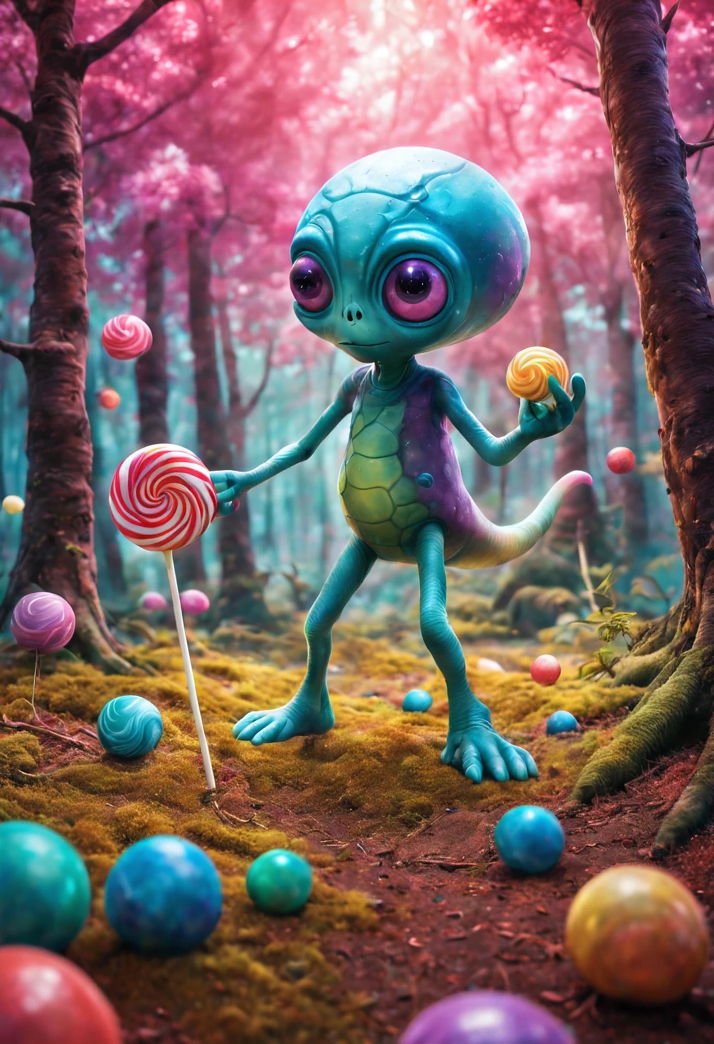 (Tema del libro ., estilo de arte colorido, fancy, Playful lighting)

Un lindo extraterrestre jugando con una pelota en un bosque de dulces.

(Mejor calidad,4k,8K,high resolution,Obra maestra:1.2),ultra detallado,(Realista,photoRealista,photo-Realista:1.37), HDR,HD,studio lighting,pintura ultrafina,Sharp focus,physically based rendering,extreme detailed description,profesional,vivid colors,bokeh,children&#39;s book illustration,dynamic,caprichoso,criaturas imaginarias,colorful candy trees,piruletas gigantes,nubes de algodon de azucar,gominolas espumosas,Glowing magic ball,extraterrestre curioso y amigable,piel con estampado de galaxias,happy expression and wide eyes,saltar y rebotar,Las antenas del extraterrestre se encienden.,coloridos envoltorios de caramelos esparcidos por el suelo,Soft, dreamy lighting bathes the scene.