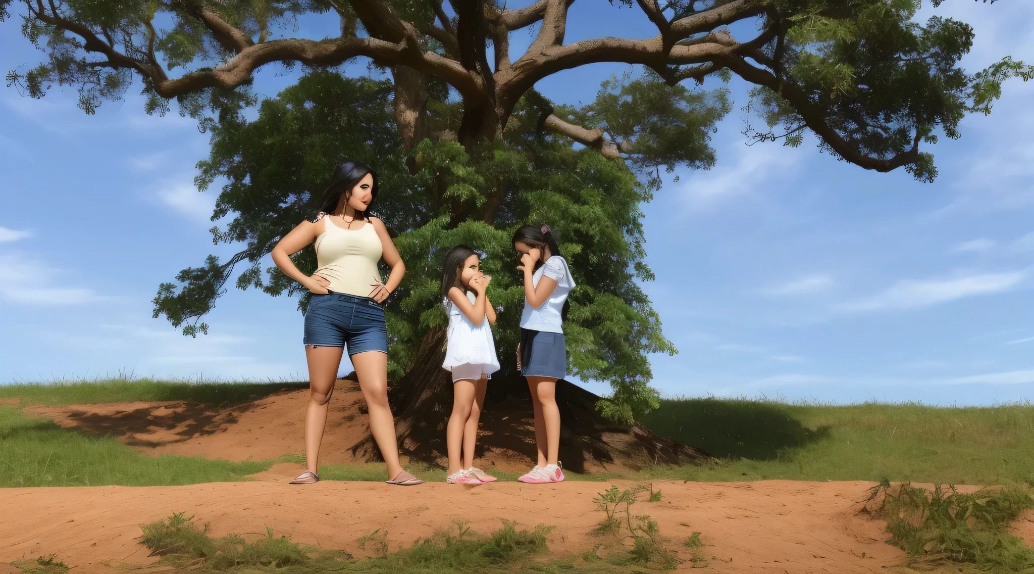 there are three women under a tree on a hill, 35 year old Brasileiro mother, family, of a family standing in a park, foto, ao ar livre, tiro distante, lonely family, next to a tree, tree, Brasileiro, sitting under a tree, 85mm foto. Uma mulher com pele branca e cabelos escuros. ela tem cerca de 35 anos. Her slightly plump, red lips are like a delicate flower, o marrom escuro dela, olhos grandes e encantadores parecem conter um mundo de maravilhas. Corpo fino. cintura fina. Your body exudes glamor and your face is the definition of beauty. Teste, altamente realista, Pele avermelhada, lindo, slightly full lips, batom vermelho, sorridente, feeling of lightness and joy, hiperrealismo, pele muito elaborada, olhar direto. Full body foto, clear foto, alta qualidade, high resolution, obra de arte, 8K.