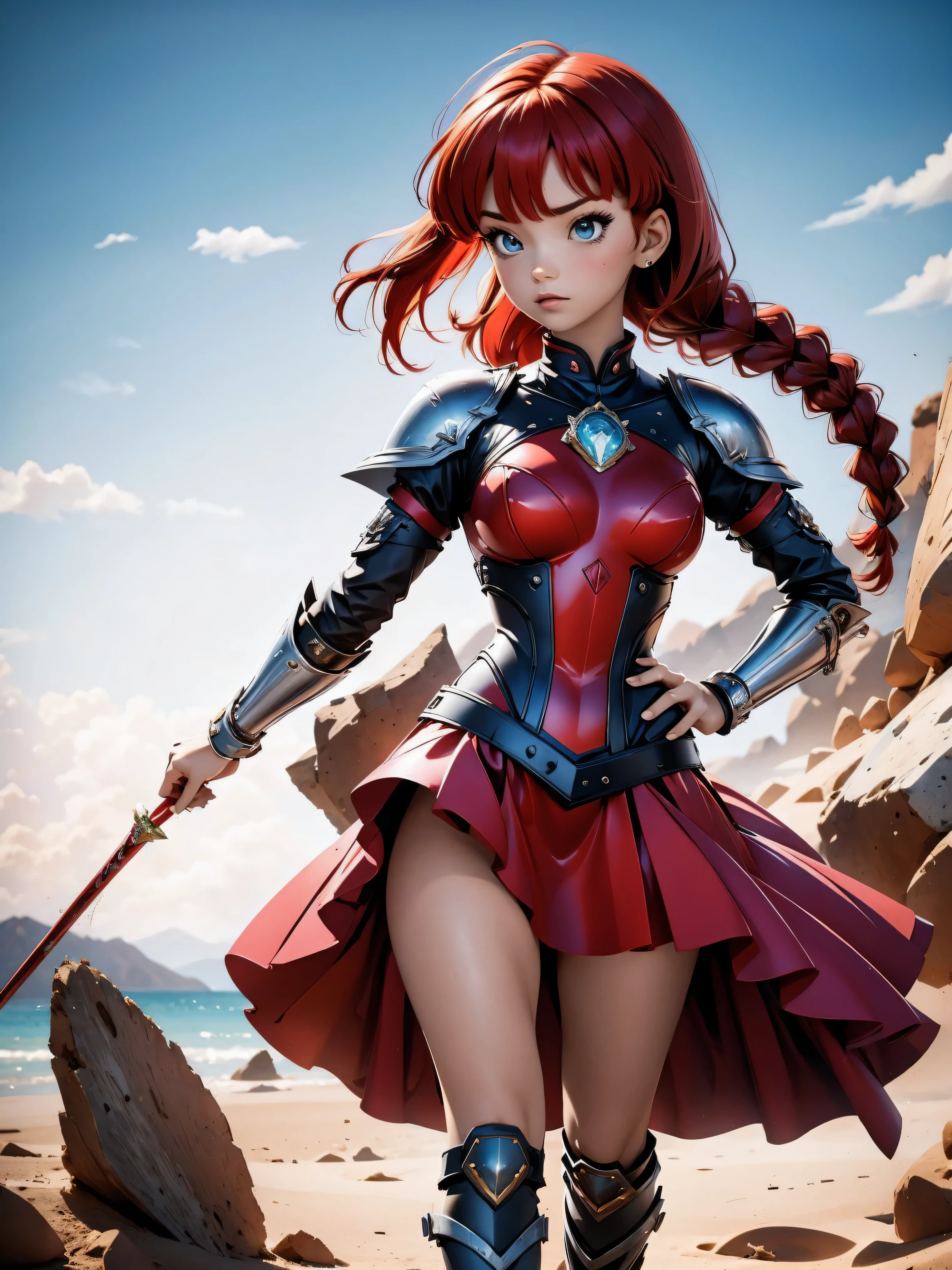 Garota anime ruiva com armadura metalica vermelha, 16 anos, corpo bonito, seios grandes, postura de luta, postura de combate, garota sexy, red hair with braid, beautiful lighting, sombras suaves, olhos azuis, pernas bonitas, hair with braid, estilo anime, Ranma Chan, Autora Rumiko Takahashi, Baseado em obra de Rumiko Takahashi, Anime Ranma 1/ 2, decote sexy, quadril robusto, corpo inteiro, corpo completo, busto grande, garota jovem com corpo belo e bonito, garota 16 anos jovem baixa estatura, vestido armadura metalica vermelha, garota anime, estilo anime, red hair with braid, luz bonita, armadura metalica reluzente, corpo completo, black boots on feet, red hair braid