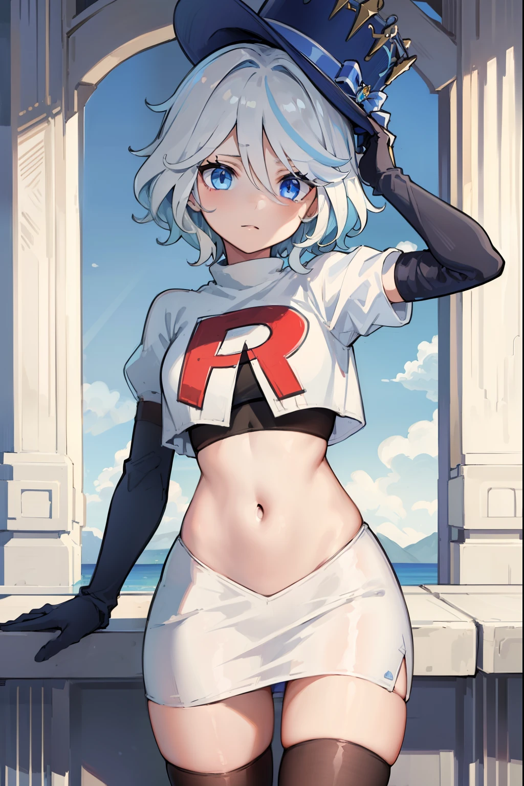 ((masterpiece,best quality)), 1girl, furina, heterochromia, short hair, blue hat, team rocket,team rocket uniform,red letter R, white skirt,crop top, black thigh-highs,black elbow gloves,