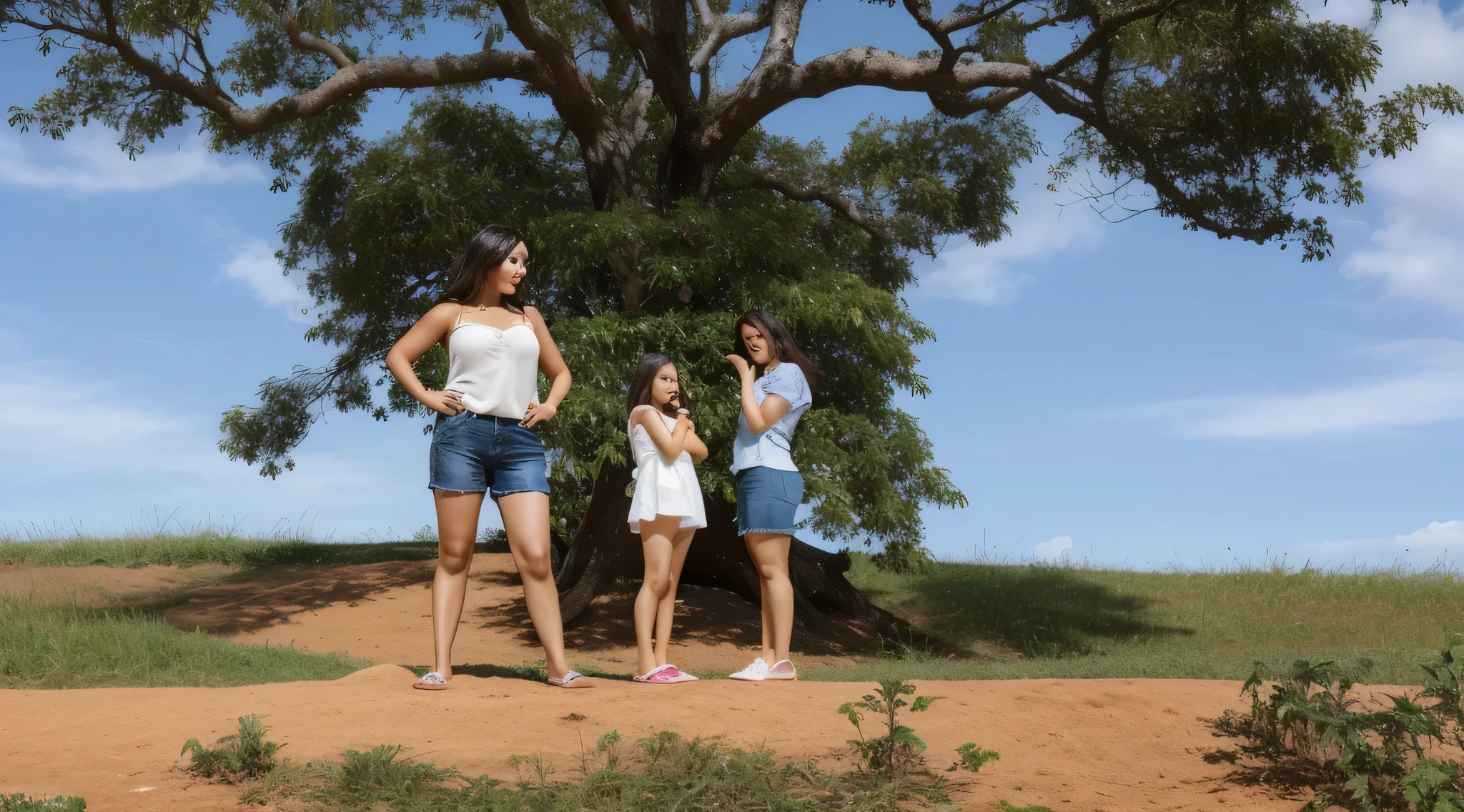 there are three women under a tree on a hill, 35 year old Brasileiro mother, family, of a family standing in a park, foto, ao ar livre, tiro distante, lonely family, next to a tree, tree, Brasileiro, sitting under a tree, 85mm foto. Uma mulher com pele branca e cabelos escuros. ela tem cerca de 35 anos. Her slightly plump, red lips are like a delicate flower, o marrom escuro dela, olhos grandes e encantadores parecem conter um mundo de maravilhas. Corpo fino. cintura fina. Your body exudes glamor and your face is the definition of beauty. Teste, altamente realista, Pele avermelhada, lindo, slightly full lips, batom vermelho, sorridente, feeling of lightness and joy, hiperrealismo, pele muito elaborada, olhar direto. Full body foto, clear foto, alta qualidade, high resolution, obra de arte, 8K.