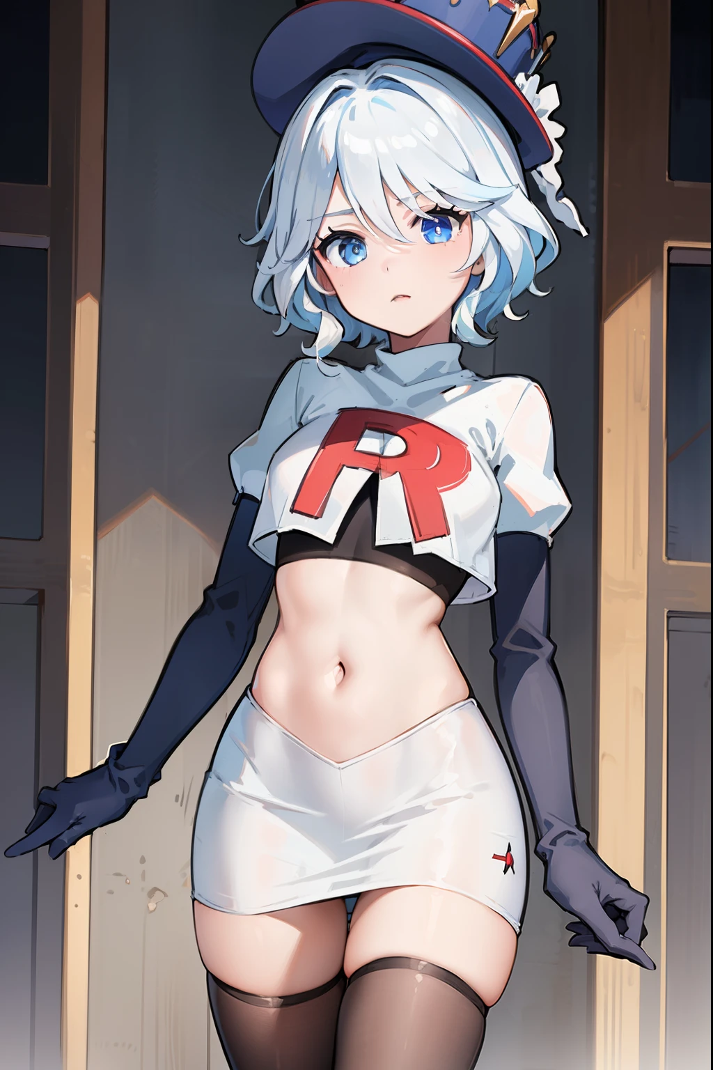 ((masterpiece,best quality)), 1girl, furina, heterochromia, short hair, blue hat, team rocket,team rocket uniform,red letter R, white skirt,crop top, black thigh-highs,black elbow gloves,