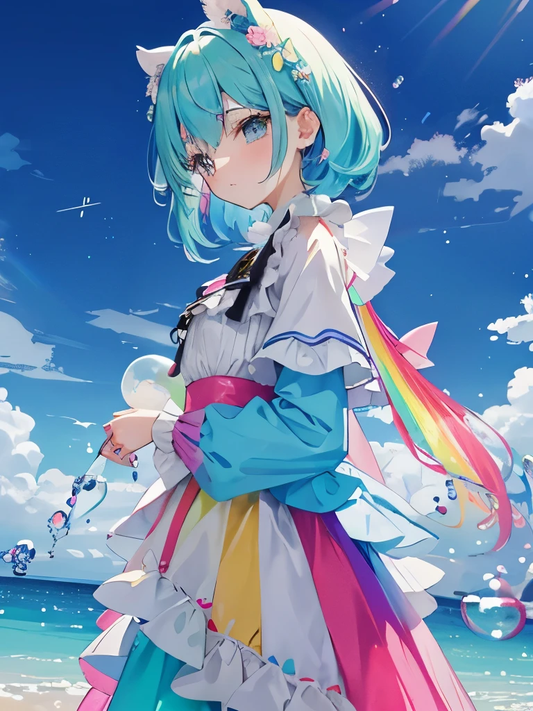 Rainbow-colored、Rich in color、colorful bubbles on background、Colorful sky on background、pastel pink、pastel green、pastel yellow、pastel blue、colorful costumes、Rainbow-colored