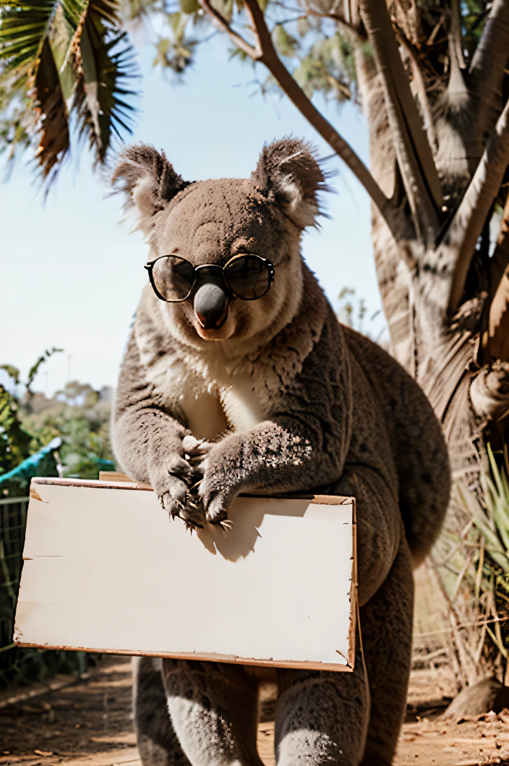 a koala in sunglasses holding a sign