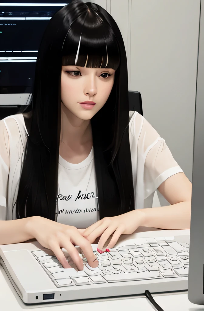 One full-body mannequin is sleeping on a computer keyboard。,The mannequin is a 32 year old woman..,mannequin color&#39;The face is pure white.,mannequin color&#39;The body is pure white.,The mannequin has black hair(very flat straight hair,bangs),mannequin is long, thin face.,The mannequin is wearing a brown shirt
