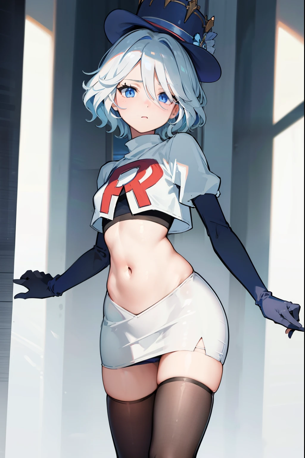 ((masterpiece,best quality)), 1girl, furina, heterochromia, short hair, blue hat, team rocket,team rocket uniform,red letter R, white skirt,crop top, black thigh-highs,black elbow gloves,