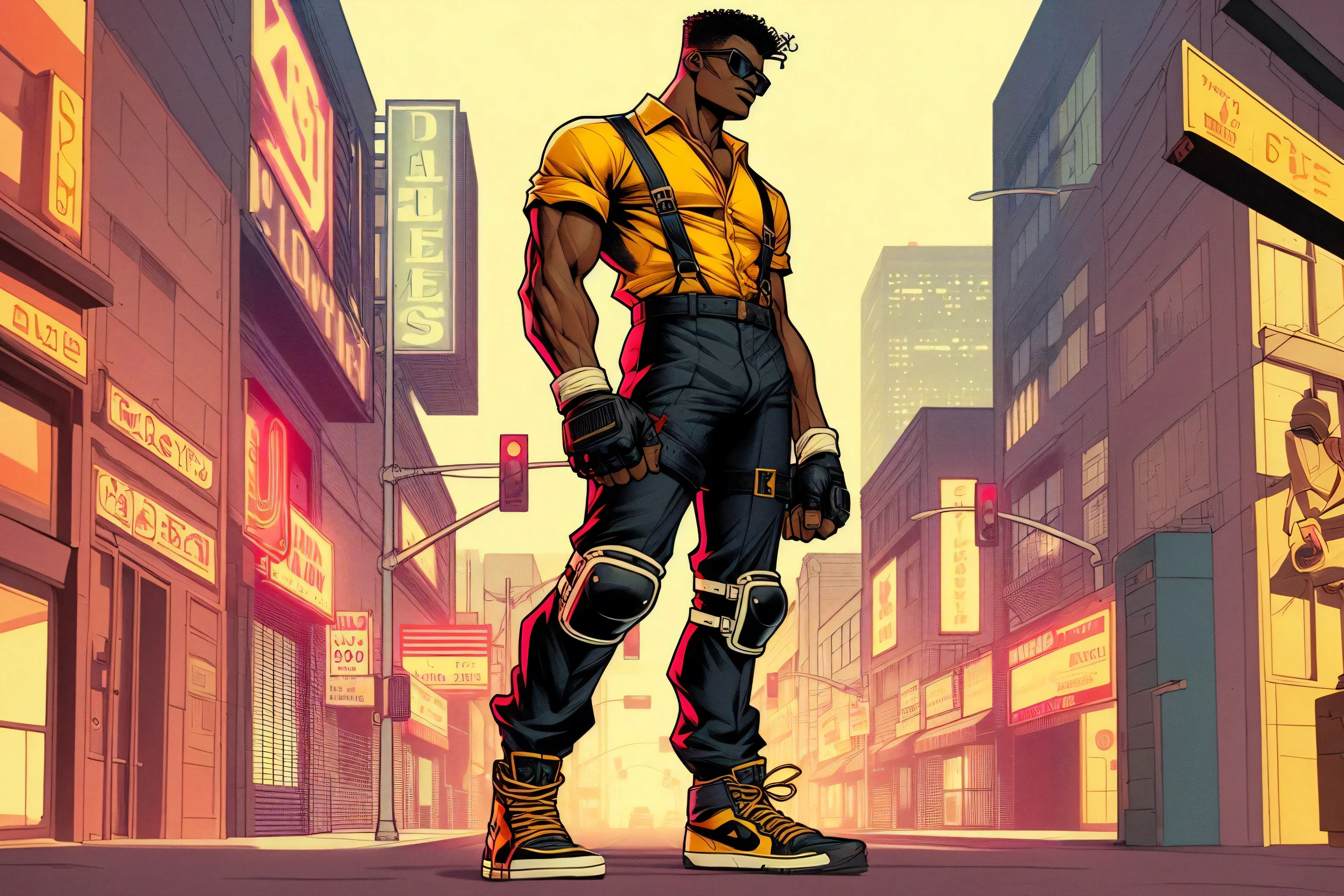Estilo de anime dos anos 90, ultra-detailed illustration of a black man who remembers Adam Hunter from the Street of Rage games, He wears a yellow shirt with black suspenders and black pants with sneakers with black and yellow details and wears combat training gloves with knee pads and an Undercut haircut and wears sunglasses, standing in Los Angeles 1990, linhas de tinta em negrito, Cel sombreado, cores suaves silenciadas, lomographic colors, vintage quente, urban environment with neon lights illumination, action fight scene