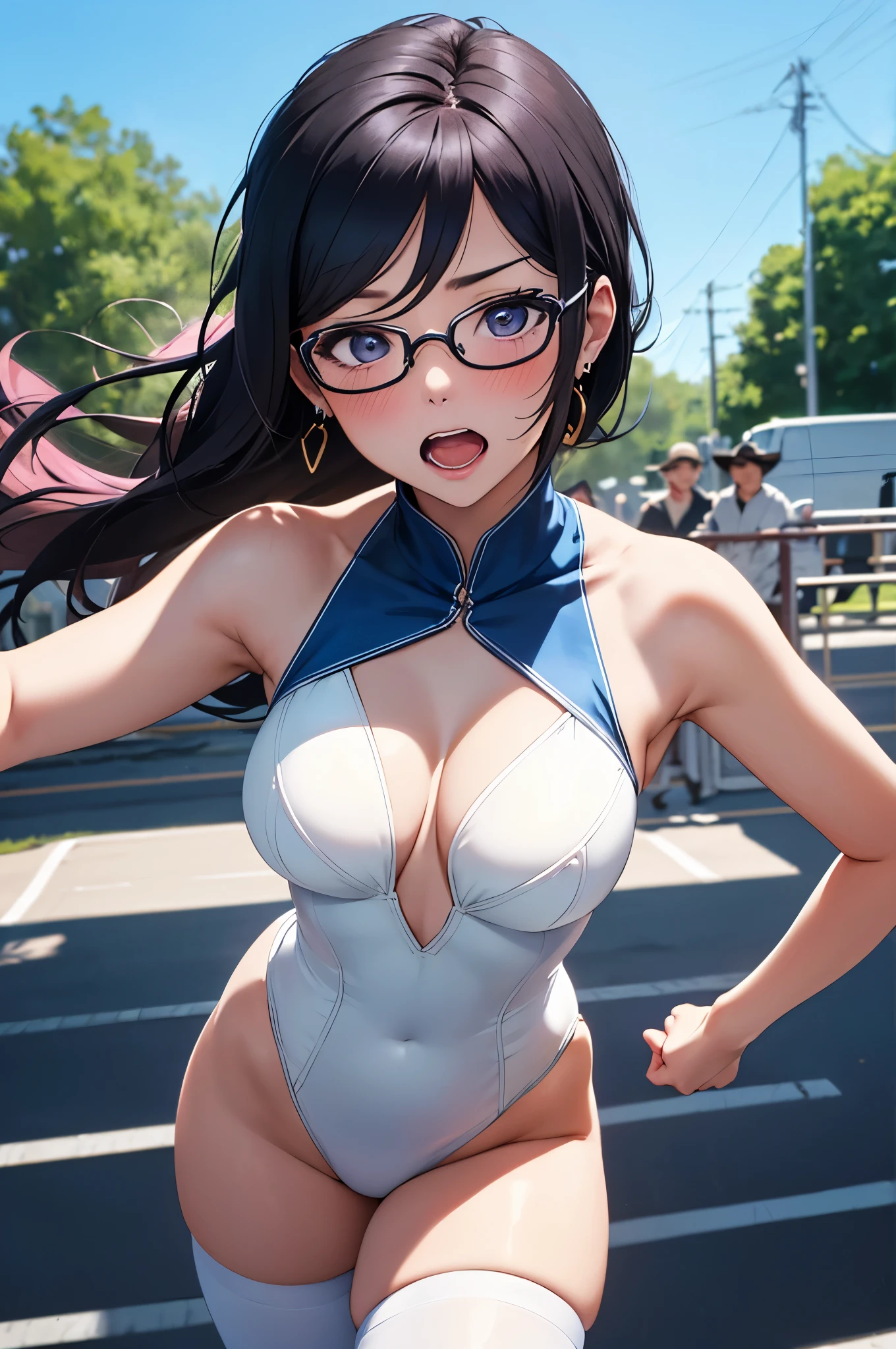 (best quality,4k,8k,highres,masterpiece:1.2), cowboy shot ,ultra-detailed, matsuura kanan, open mouth Solo, cowboy shot,(white and blue leotard), magical girl glasses, earrings, thighhighs breasts,outdoors,day, fighting stance,(blushing:1.2)