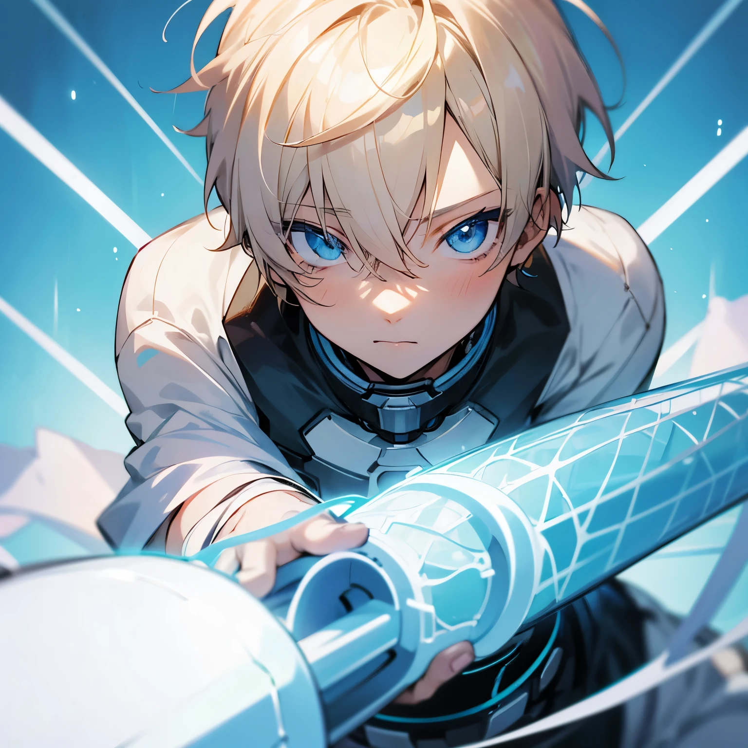 anime blonde mash hair Light blue mesh light blue eyes boy skin is white