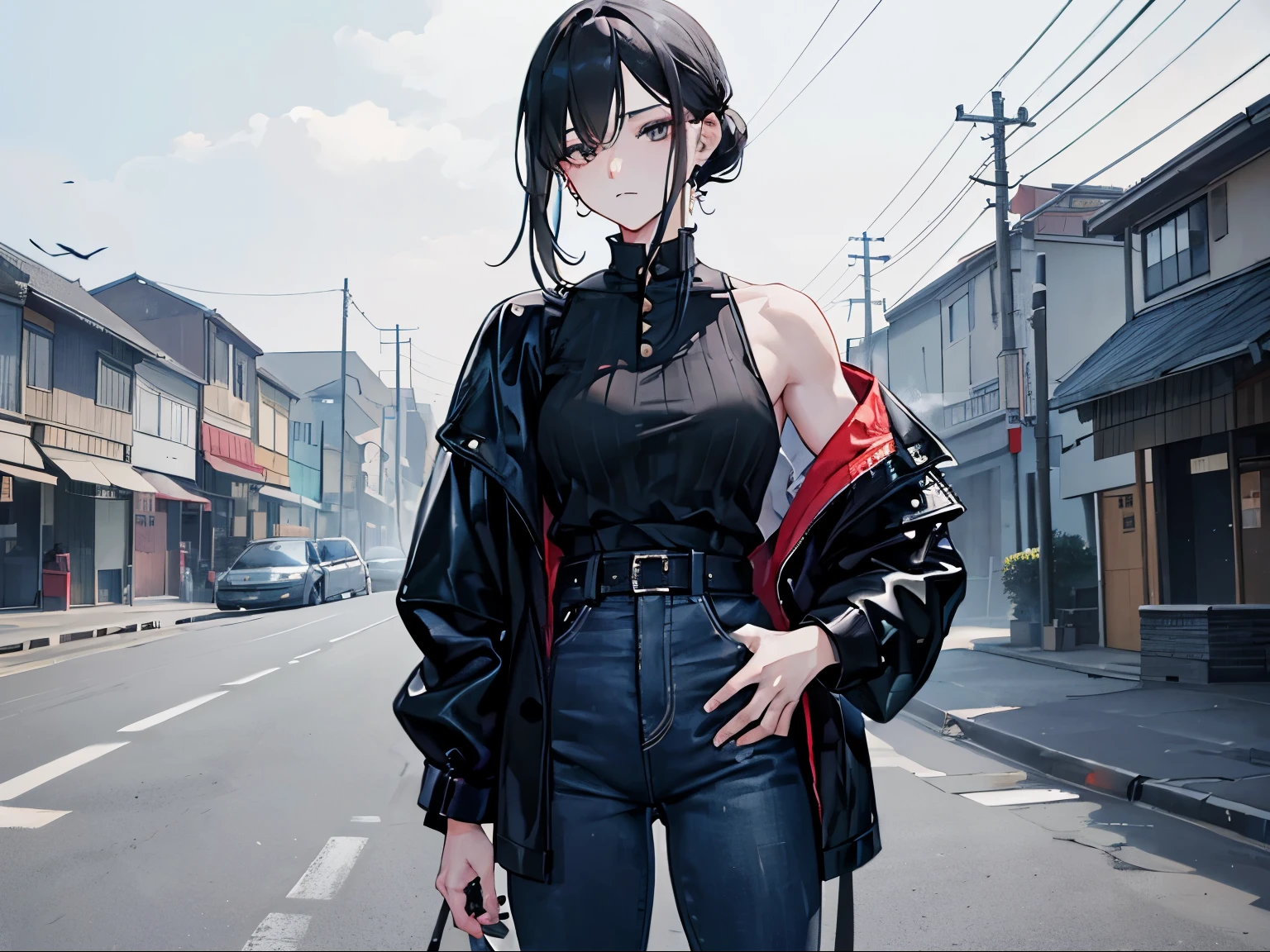 A man with black hair, a facial structure similar to Serizawa Tamao, gray eyes., 25 years old,  Shoulder length hair, hair pulled back, wearing a black dress, jeans, smoking a cigarette, in the background there is a flock of crows.