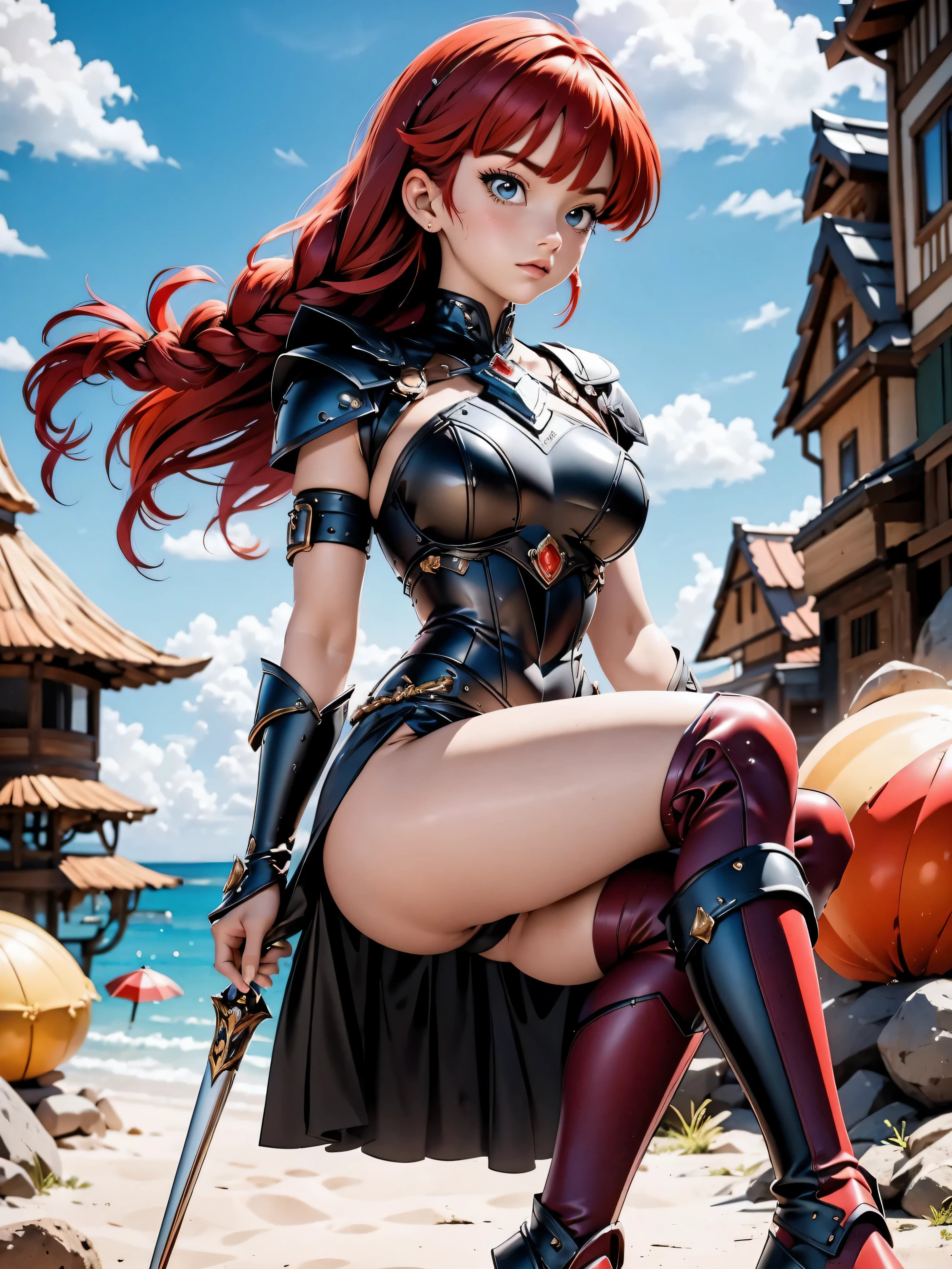 Garota anime ruiva com armadura metalica vermelha, , corpo bonito, seios grandes, postura de luta, postura de combate, garota sexy, red hair with braid, beautiful lighting, sombras suaves, olhos azuis, pernas bonitas, hair with braid, estilo anime, Ranma Chan, Autora Rumiko Takahashi, Baseado em obra de Rumiko Takahashi, Anime Ranma 1/ 2, decote sexy, quadril robusto, corpo inteiro, corpo completo, busto grande, garota jovem com corpo belo e bonito, garota 16 anosbaixa estatura, vestido armadura metalica vermelha, garota anime, estilo anime, red hair with braid, luz bonita, armadura metalica reluzente, corpo completo, black boots on feet, red hair braid