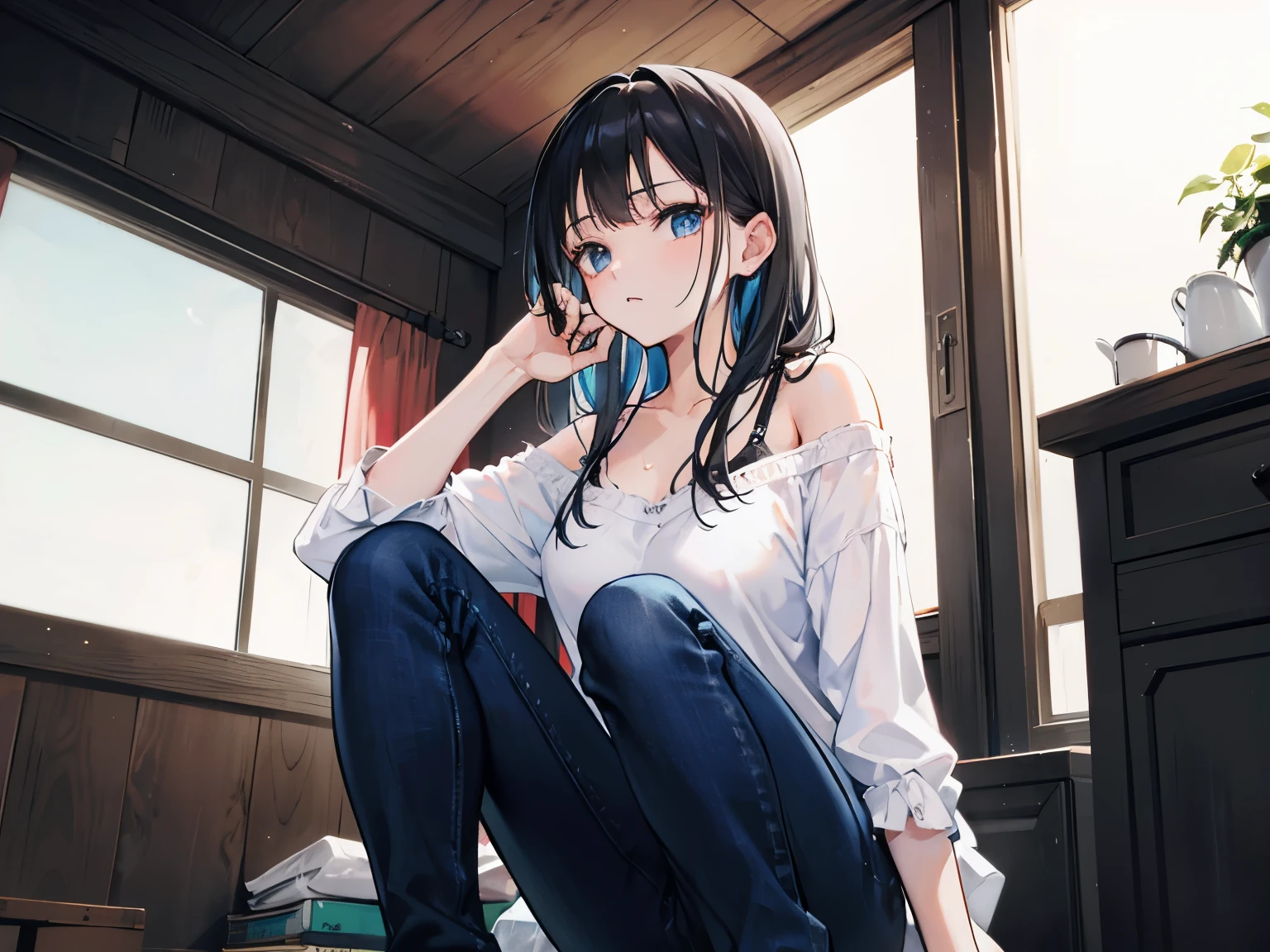 A man with black hair and a facial structure similar to Serizawa Tamao. , 25 years old, Shoulder length hair, tied back, wears black clothes, jeans, smokes.
