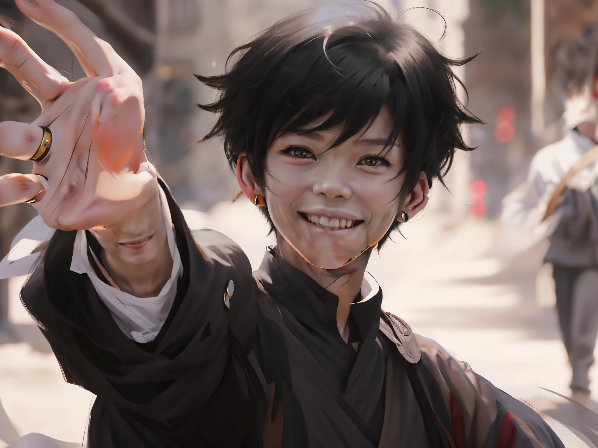 chico anime con cabello negro y traje negro agitando su mano, guweiz, obra de arte al estilo de guweiz, obra maestra de guweiz, he is smiling, el es muy feliz, sonriendo lascivamente, [[[[sonriendo malvadamente]]]], Rosa Tran style, sonrisa loca, sonrisa de oreja a oreja, Rosa Tran!!!