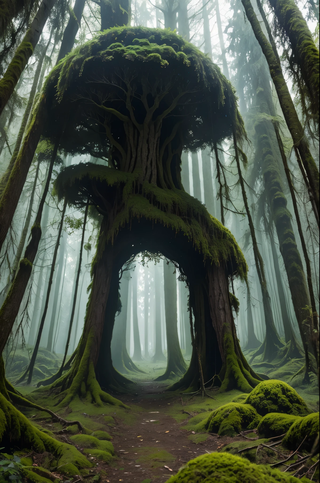 tree branches connected in a mossy forest, forming a portal to another dimension 