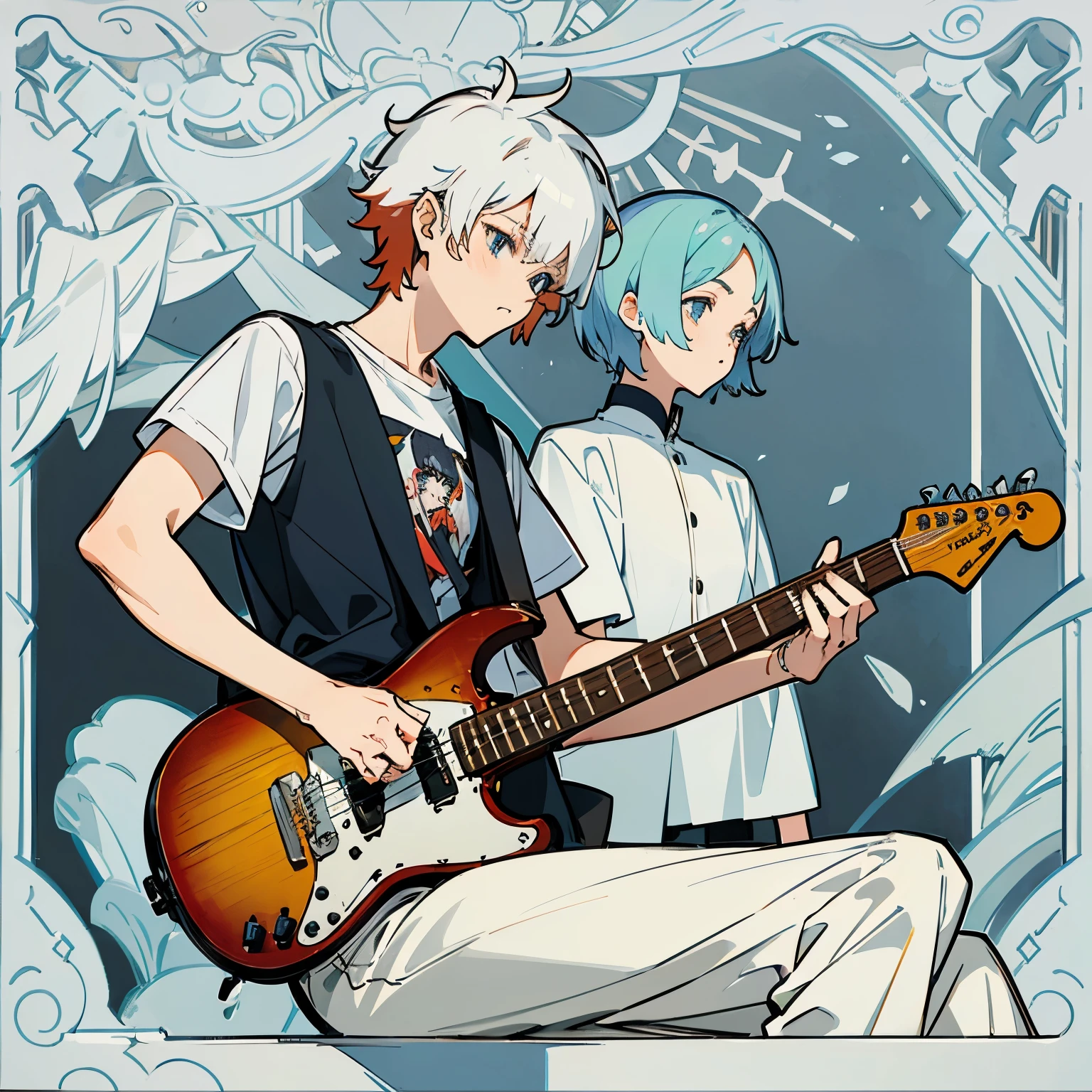 Homme aux cheveux auburn mi-longs, portant un t-shirt blanc et une veste en cuir. Style anime, japonais, guitariste