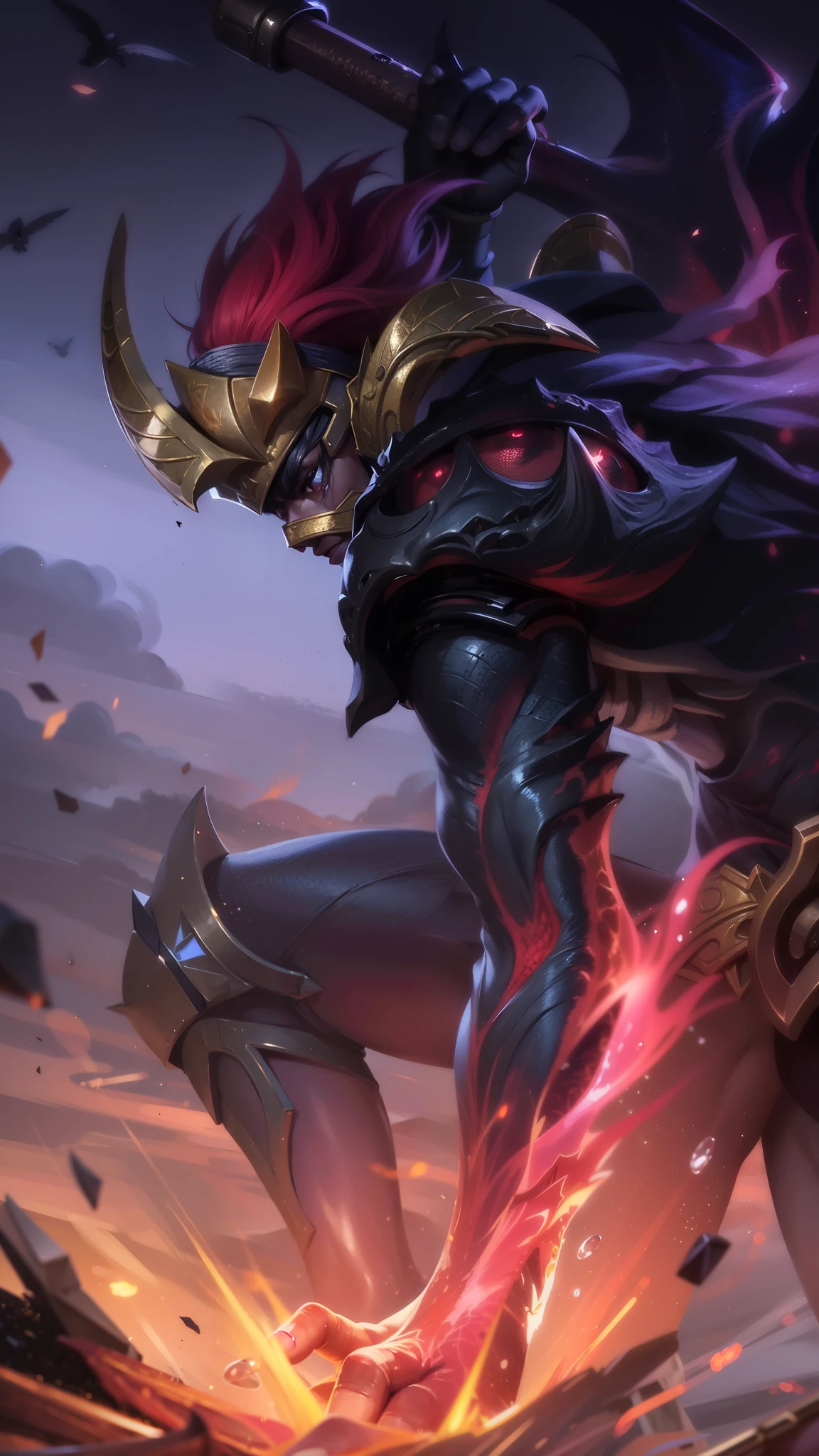 masculine male, masterpiece, ((perfect eyes)) best quality, (semirealism:1.9), beautiful lighting, (extremely detailed CG unity 4k fhd wallpaper), High Detail, Sharp focus, dramatic outdoors, red short hair, 4k ultra HD, detailed all picture, a close up of a devil, hanzo from mobile legend, evil, extremely detailed artgerm, mobile legends character, inspired by hanzo, Six pack chest and abs, yellow jewel above the chest, sword.