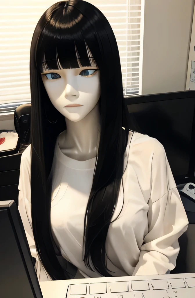 One full-body mannequin is sleeping on a computer keyboard。,The mannequin is a 42-year-old woman..,mannequin color'The face is pure white.,mannequin color'The body is pure white.,The mannequin has black hair(very flat straight hair,bangs),mannequin is long, thin face.,The mannequin is wearing a brown shirt