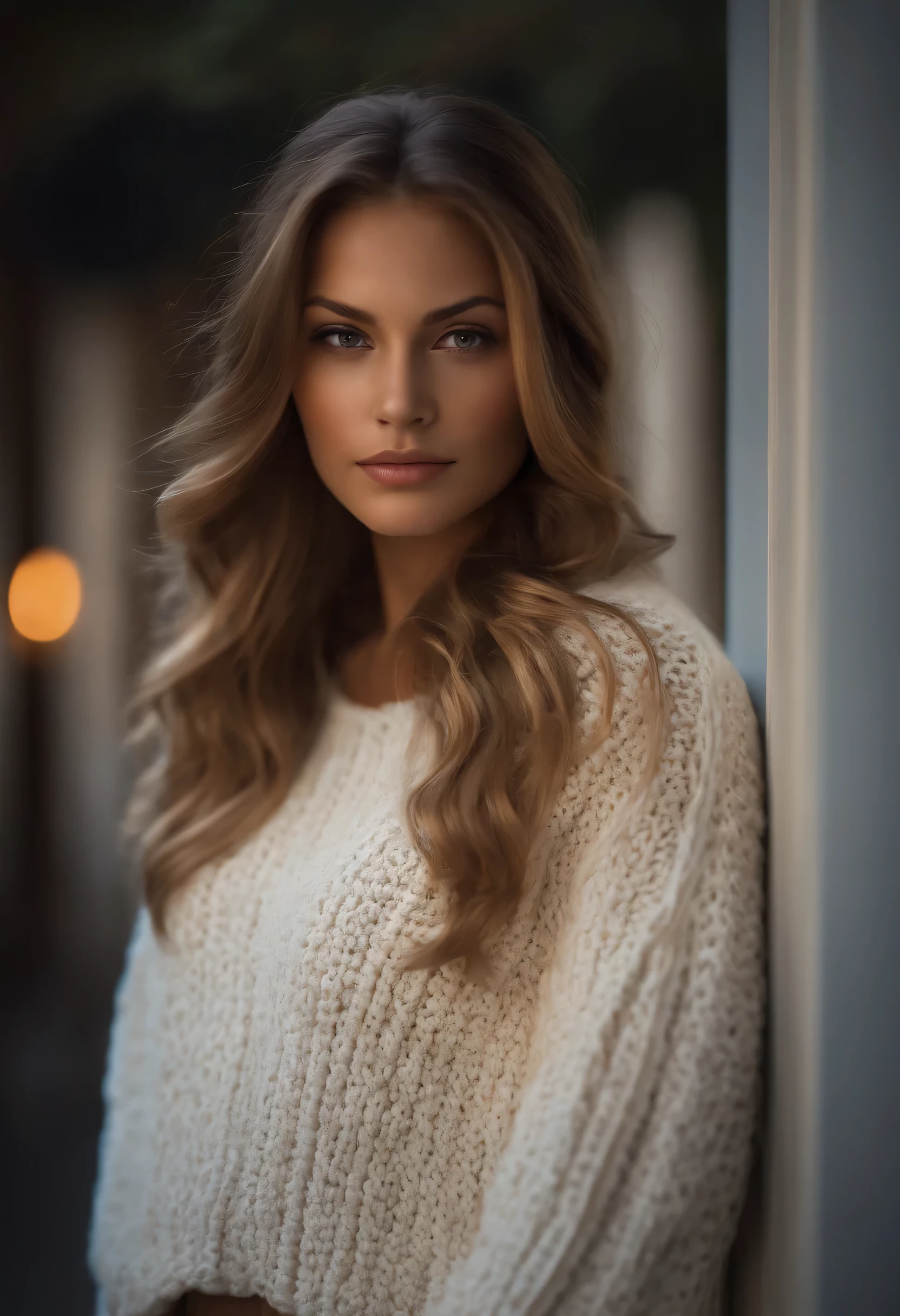 Photograph of a beautiful girl, wearing a white autumn sweater, long hair on one side, buste lourd 36D, Look into the camera, eyes symmetrical, symmetrical face, photoreallistic, photographie, detailed, realistic skin, Path layout, specular lighting, Volumetric facial light, Hair path, Ombres visibles, complexe, elaborate, voluptueux