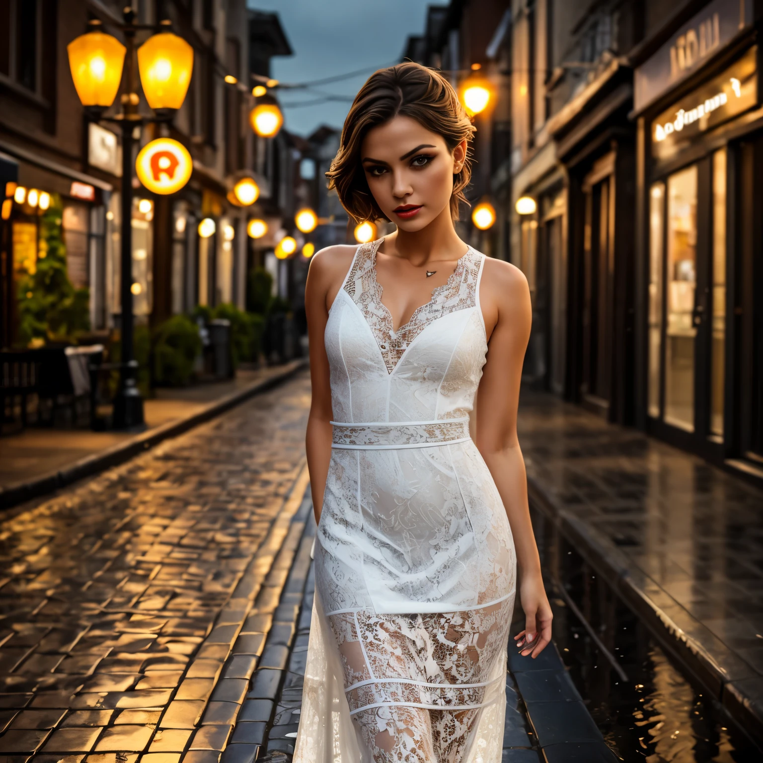 (best quality,8k, ((wearing lace maxi dress)),standing,red light district,highly detailed face and skin texture,detailed eyes,double eyelids),portrait,sunny atmosphere,soft focus,warm color tones,subtle backlighting,dewdrops on lashes,urban landscape,reflection on wet pavement,moody aesthetic. Body main focus,  