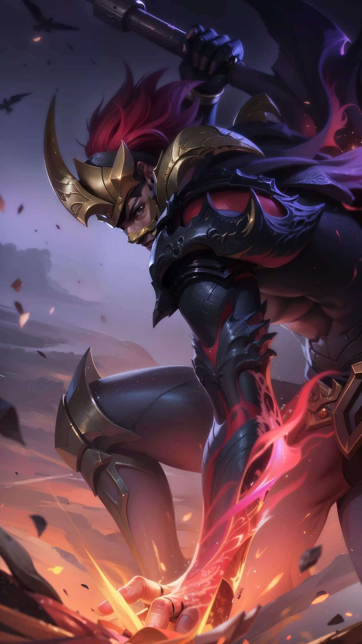 masculine male, masterpiece, ((perfect eyes)) best quality, (semirealism:1.9), beautiful lighting, (extremely detailed CG unity 4k fhd wallpaper), High Detail, Sharp focus, dramatic outdoors, red short hair, 4k ultra HD, detailed all picture, a close up of a devil, hanzo from mobile legend, evil, extremely detailed artgerm, mobile legends character, inspired by hanzo, Six pack chest and abs, yellow jewel above the chest, sword.