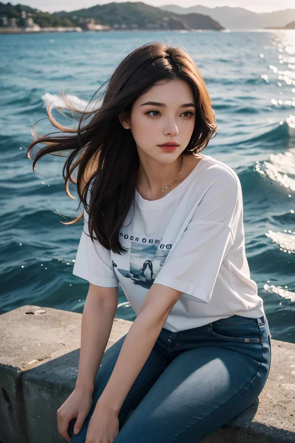 Upper body close-up image.A beautiful woman. A woman sits on the breakwater and looks out at the sea. Twenties. Dark brown hair. Surrounded by the light of dusk.The season is summer.Wearing a T-shirt and blue jeans.