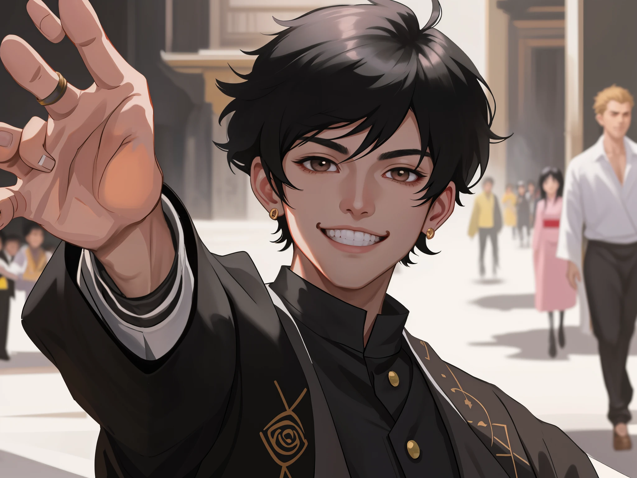 chico anime con cabello negro y traje negro agitando su mano, guweiz, obra de arte al estilo de guweiz, obra maestra de guweiz, he is smiling, el es muy feliz, sonriendo lascivamente, [[[[sonriendo malvadamente]]]], Rosa Tran style, sonrisa loca, sonrisa de oreja a oreja, Rosa Tran!!!