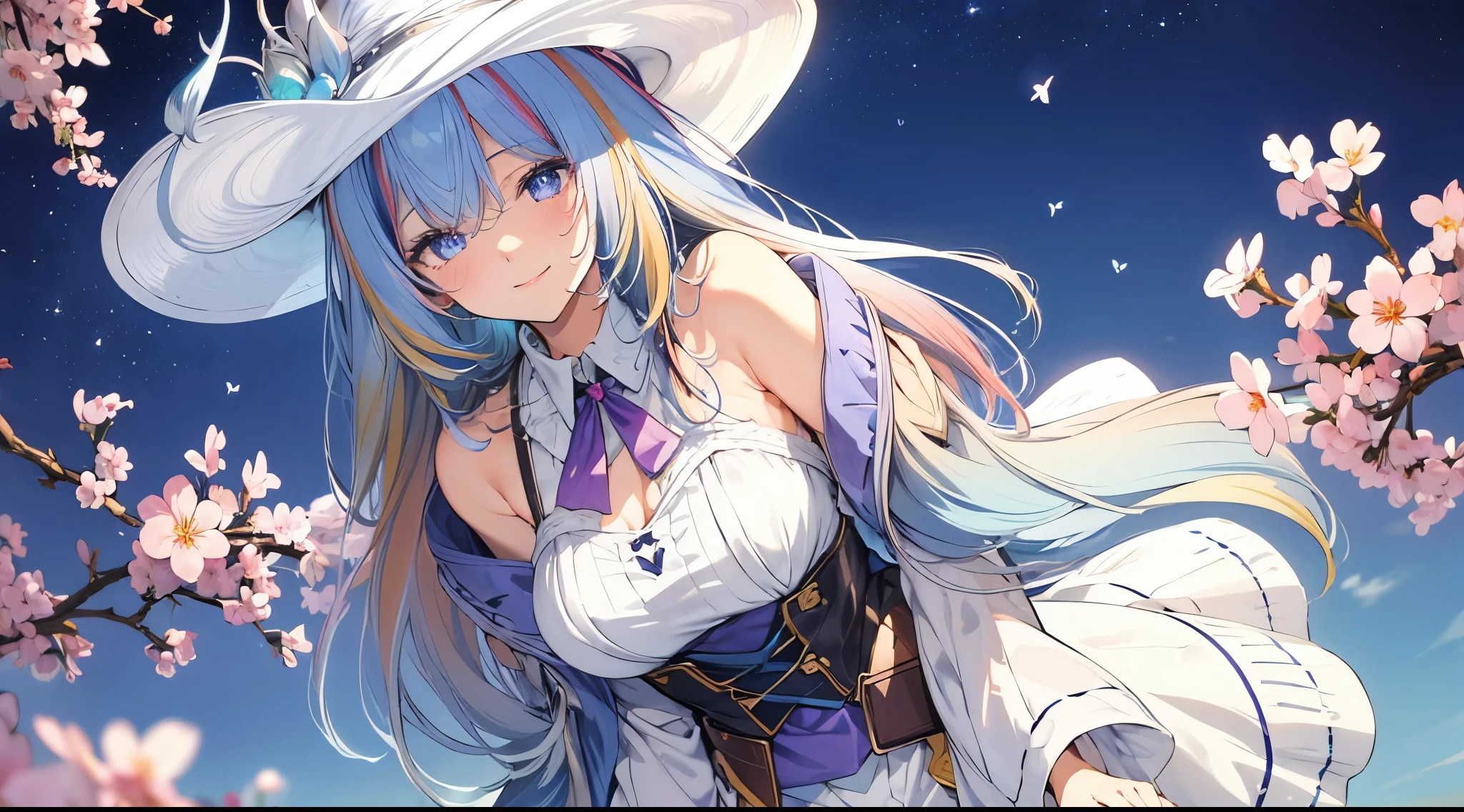 (gradient hair:1.6), dutch angle, film grain, chromatic aberration, starry sky, masterpiece, best quality, raw photo, photorealistic, absurdres, 1girl, cute, perspective, cowboy shot, highres, ultra detailed, finely detail, detailed eyes and face, sharp pupils, realistic pupils, sharp focus, summer, (white long dress:0.6), smiling at viewer Hearts, cute women with blue and purple hair, blue eyes, multicolored butterflies, water, cherry blossoms, large breasts, curvy figure, wearing a white cowboy hat