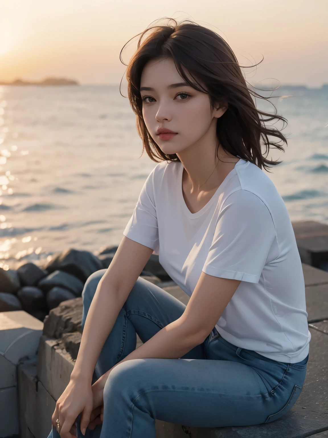 8K, best quality, (masterpiece), (photorealistic), (realistic), (ultra high definition), ray tracung, (sandy beach landscape), ((cloudy weather)), (long shot), (back view), (upper body), 1 girl, japanese female, high definition cute face, high definition closed mouth, high definition eyes, white T-shirt