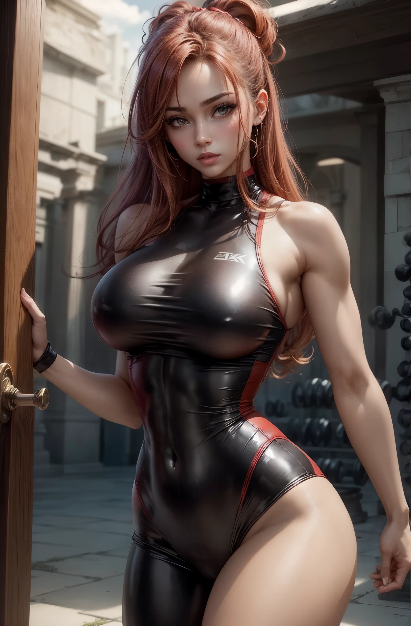 high detail, Full body, wearing (tight shirt:1.2), beautiful detailed face, hazel eyes, (attractive fitness woman:1.3), (seductive:1.1), (blushing:1.1), hourglass body shape, complete shiny aerobic black and red latex bodysuit, big round breasts