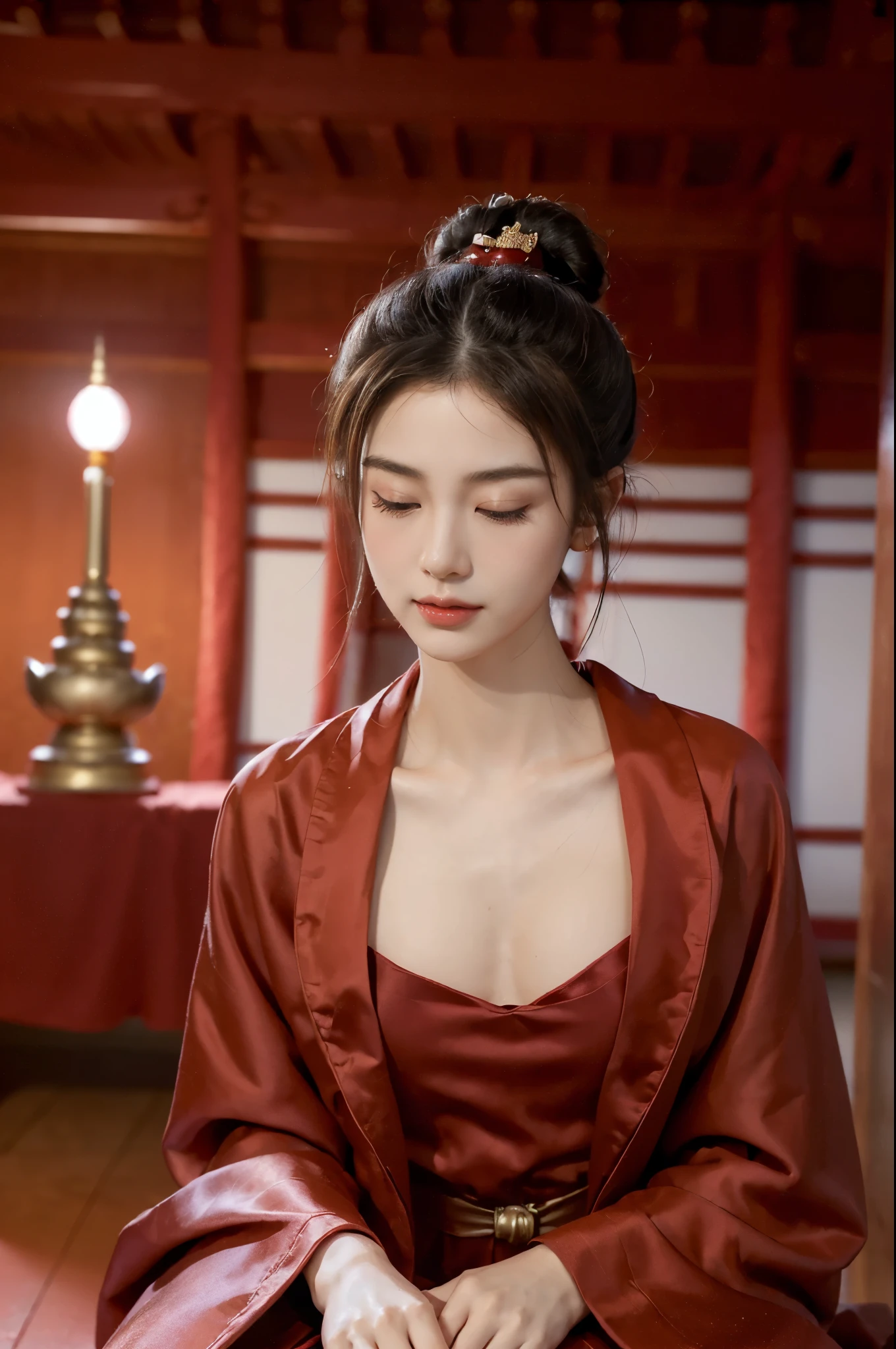 ((((8k))),((Extremely meticulous CG)) ,(wallpaper),16k,((Extremely refined and beautiful)),(((Masterpiece))),(((best qualtiy))),(((Ultra High Resolution))),beautiful light up,Perfect lightning,realistic shaded,[A high resolution],(Smooth and flawless fair skin:1.5),(pale skin:1.3),Extremely exquisite facial details,(perfect body:1.1),ultra-detailed,A beautiful girl,(small head:1.2),(bun hair:1.3),(small face:1.2),Exquisite makeup,(close eyes:1.5),(small breasts:1.2),(flat chests:1.2),(slim,thin),happy,(smile:1.2),(collar:1.2),(Gorgeous red robe:1.5),(red hakama:1.2),(night scene:1.5),(indoor:1.2),(In a luxurious Buddhist temple hall:1.5),(bright lights:1.2),(detailed background:1.5),(Sitting cross legged upright on a lotus flower:1.3),(Devoutly praying:1.3),(meditation:1.3),(In front of the Buddha statue:1.3),(upper body:1.3),(from front:1.3),(Smoky:1.3),