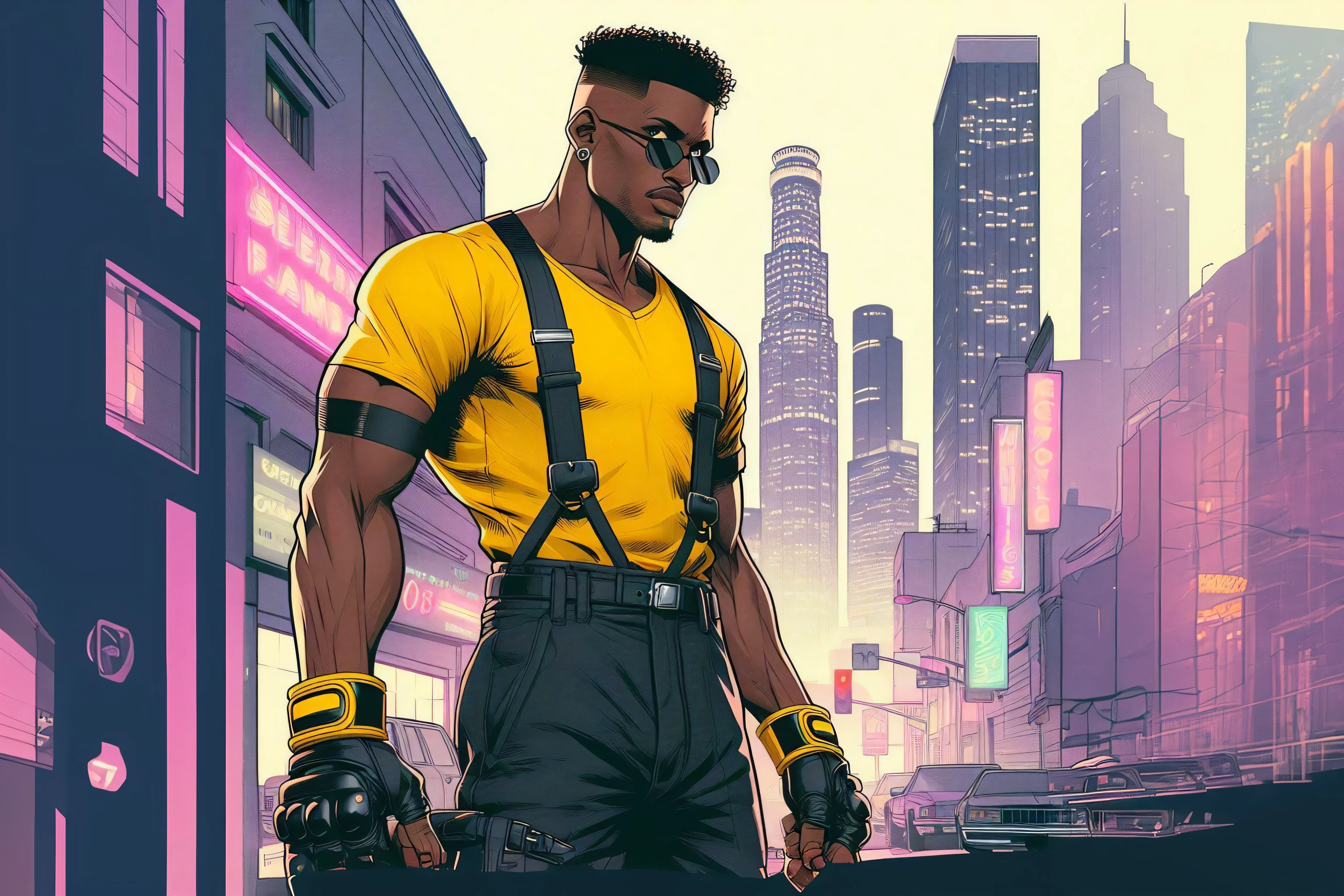 Estilo de anime dos anos 90, ultra-detailed illustration of a black man who remembers Adam Hunter from the Street of Rage games, He wears a yellow shirt with black suspenders and black pants with sneakers with black and yellow details and wears combat training gloves with knee pads and an Undercut haircut and wears sunglasses, action fight scene, standing in Los Angeles 1990, linhas de tinta em negrito, Cel sombreado, cores suaves silenciadas, lomographic colors, vintage quente, urban environment with neon lights illumination