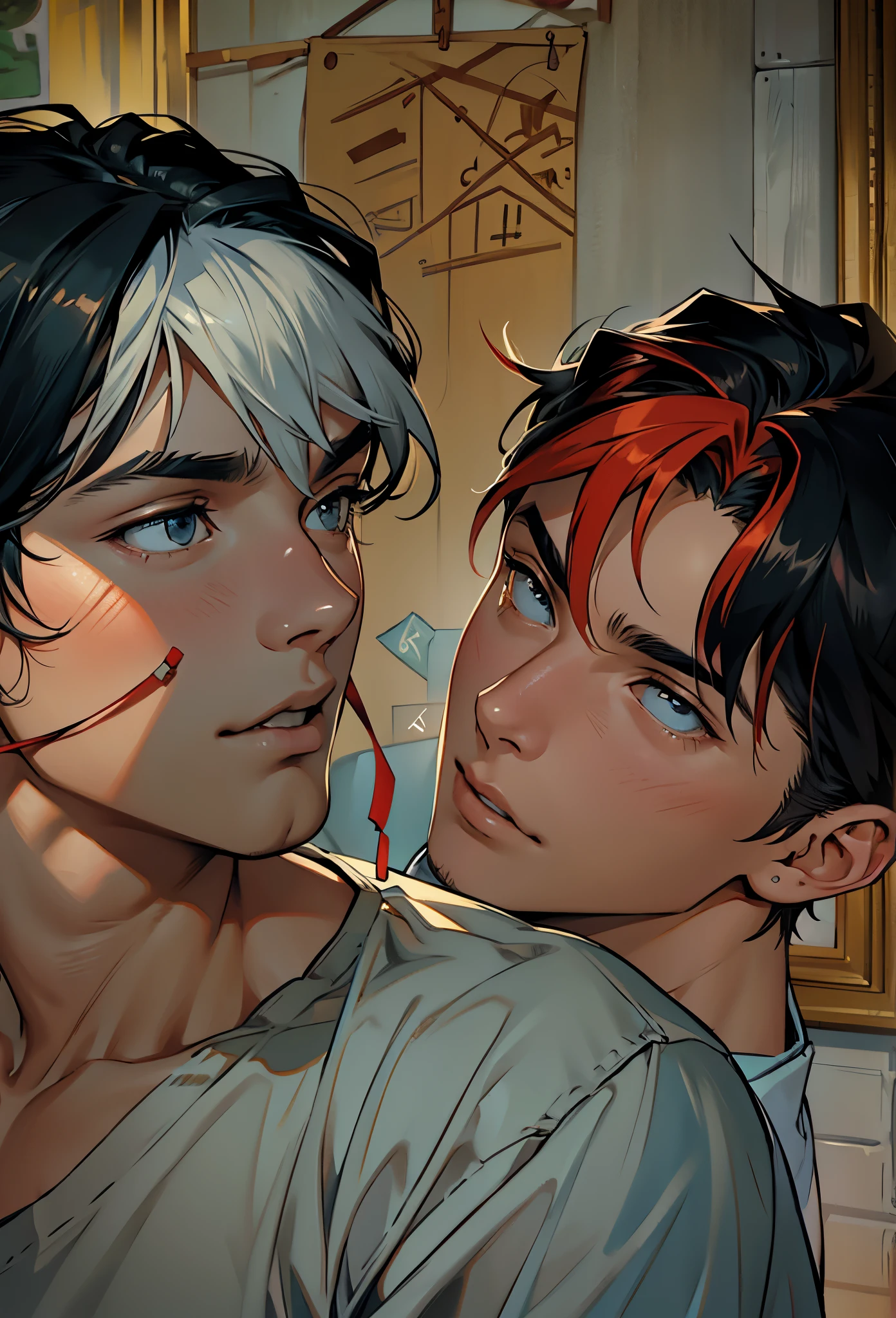 There are two handsome 15-year-old men, one tells a story to the other.