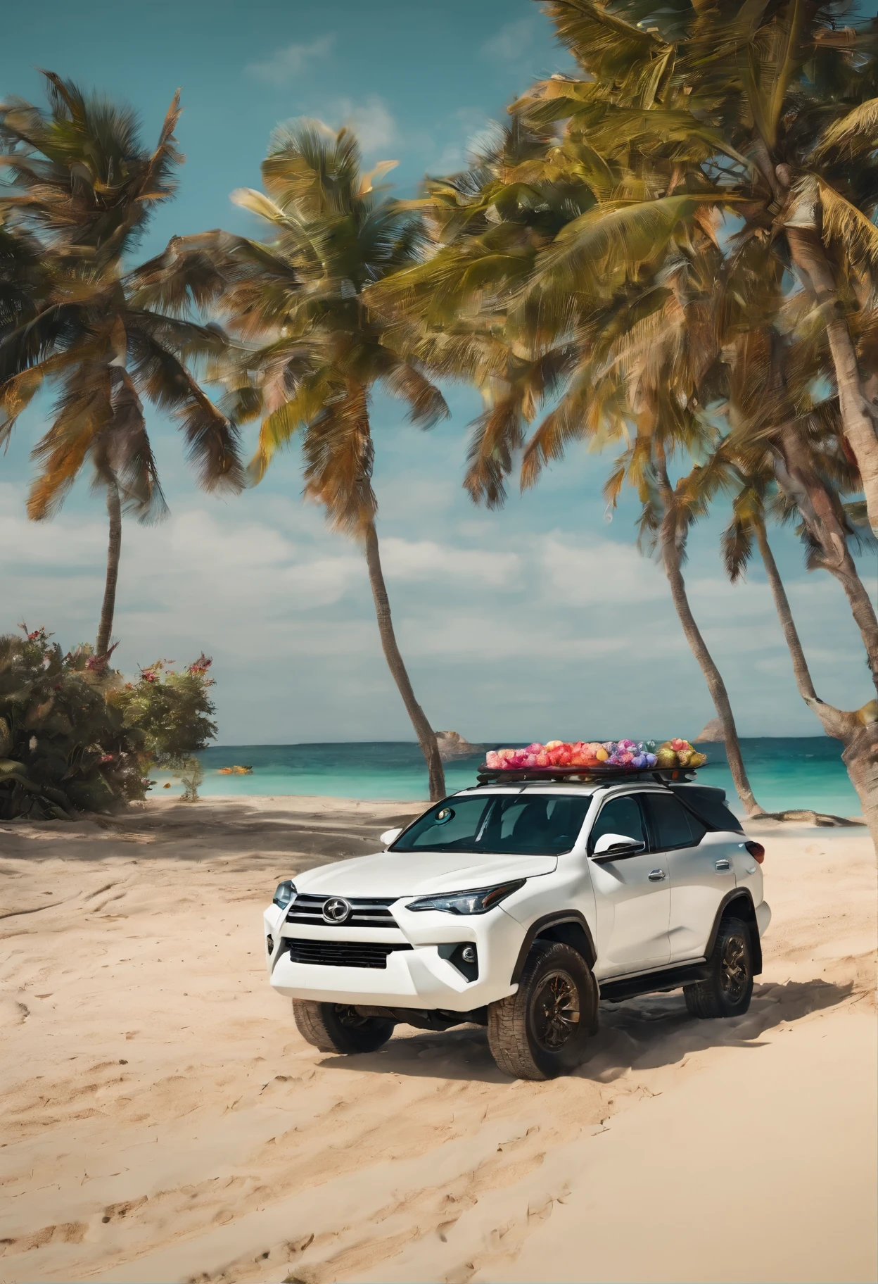 White Fortuner Toyota driving on Muine beach, surfboard on top, the car is covered in various tropical fruits, huge dragon fruits scattered all over the car and the tropical landscape, surreal, trippy, whimsical, tropical color palette, scenic, high detail, framed, Action painting, depth of field, cinematic lighting, speed lines, motion lines, drop shadow, Hasselblad, sparkle, Surrealism, dutch angle, ((best quality)), ((masterpiece)), 4K, UHD, retina, super detail, high details, high quality, award winning, best quality, highres, 1080P, HD, 4K, 8k, 16k