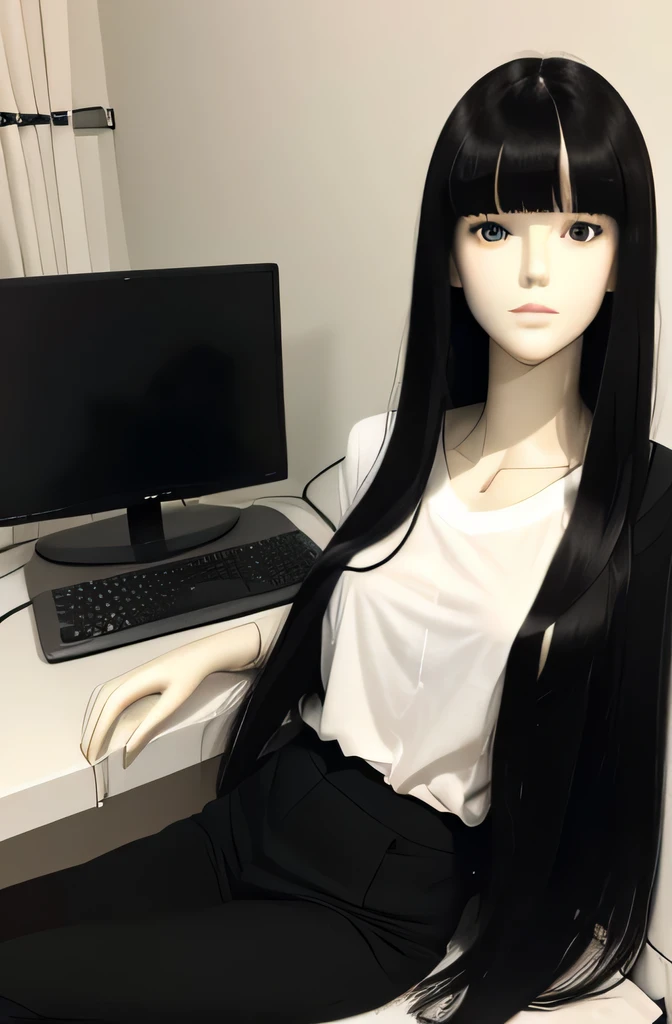 One full body mannequin is sleeping on the computer。,The mannequin is a 42-year-old woman..,mannequin color'The face is pure white.,mannequin color'The body is pure white.,The mannequin has black hair(very flat straight hair,bangs),mannequin is long, thin face.,The mannequin is wearing a brown shirt