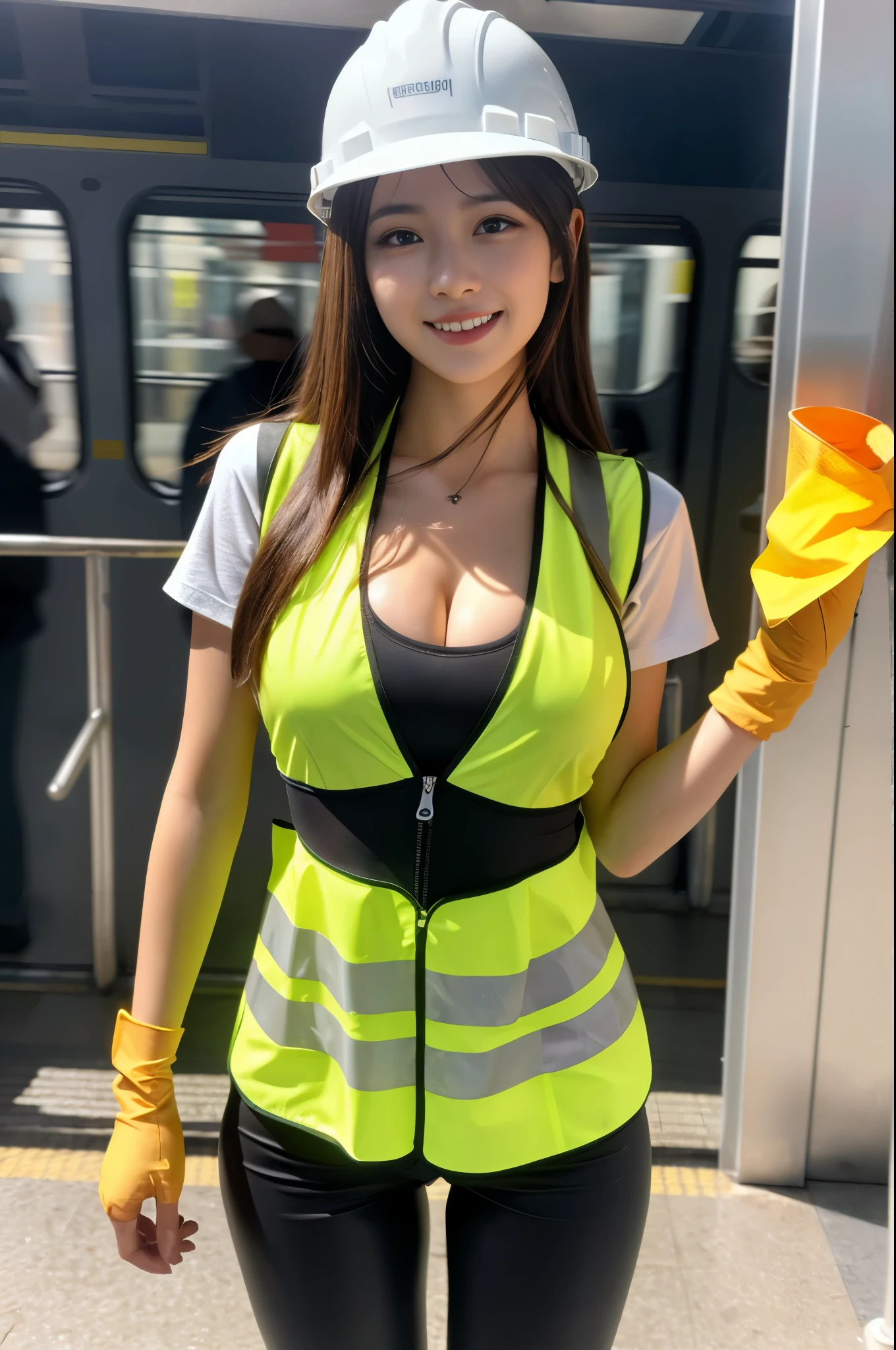 (((subway track maintenance worker costume))),(((reflective vest))),(((hard hat))),(((rubber boots))),(((standing))),((())),(((bare inner thigh))),(((double-breasted,unt:1.2))),(((safety cone and rammer))),ulzzang-6500-v1.1, (Raw photo:1.2), (Photo realistic:1.4), a beautiful detailed girl, extremely detailed eye and face, beautiful detailed eyes, ultra-detailed, High resolution, top-quality, masterpiece, highly detailed, 8k wallpaper, Wonderful, finely detail, top-quality, Light on the face,电影灯光,1girl in,(),Beautiful eyes,smile,Opening Mouth