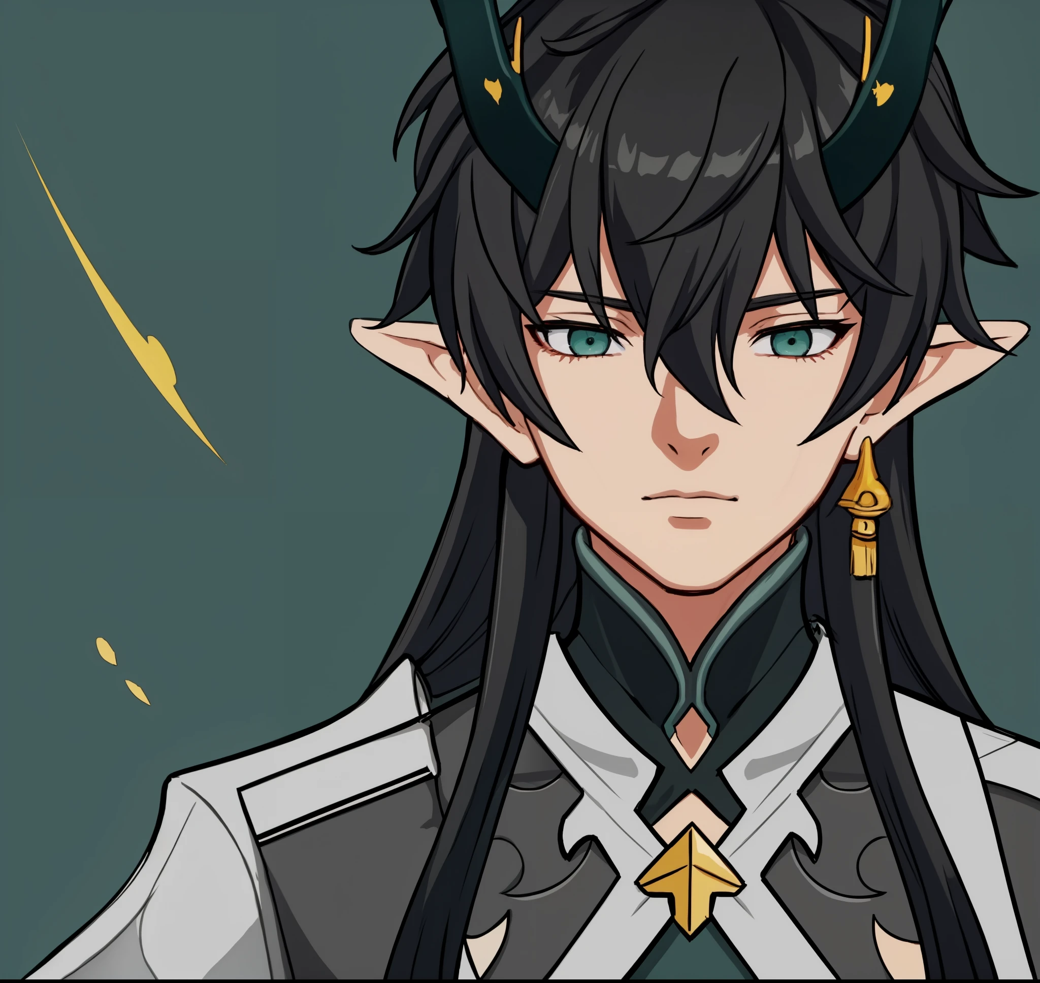 anime boy, calm, relaxed expression, black hair, sea green eyes, black suit, gold ornaments, green horns, elf ears, a drawing of a man in chinese clothes, 1boy, masterpiece, (beautiful and aesthetic:1. 5), thick black lineart, clean lineart, perfect lineart, variable lineart, thick lineart, clean anime outlines, intense line art, bold lineart, sharp lineart, heavy lineart, line art, best quality, high quality, high details, super detail, anatomically correct, best quality, ultra-detailed, colourful, saturated colours, dynamic lighting, HD,